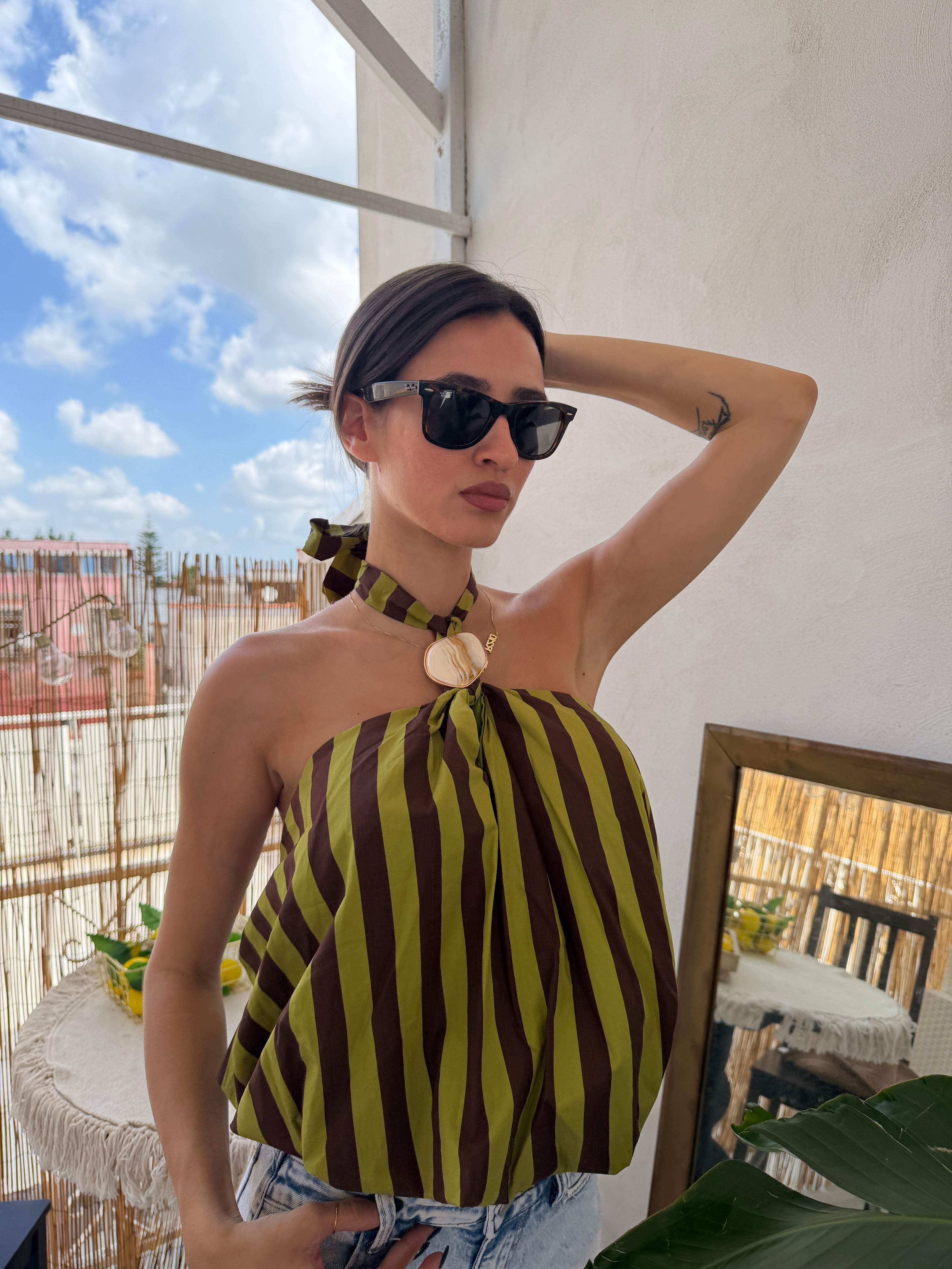 Top Balloon a Righe con Anello Decorativo(cotone)