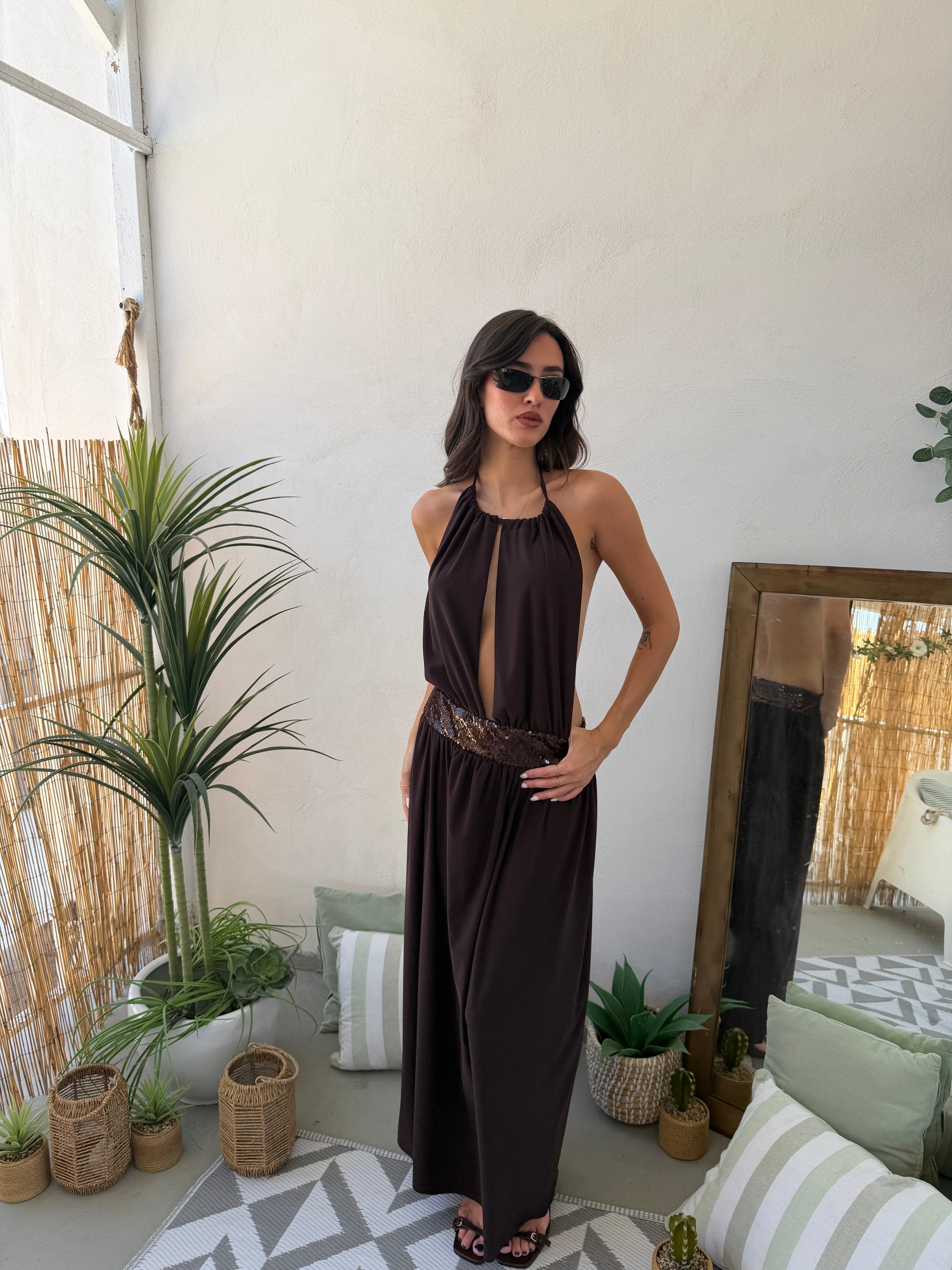 Abito Maxi con Schiena Scoperta e Fascia Paillettes