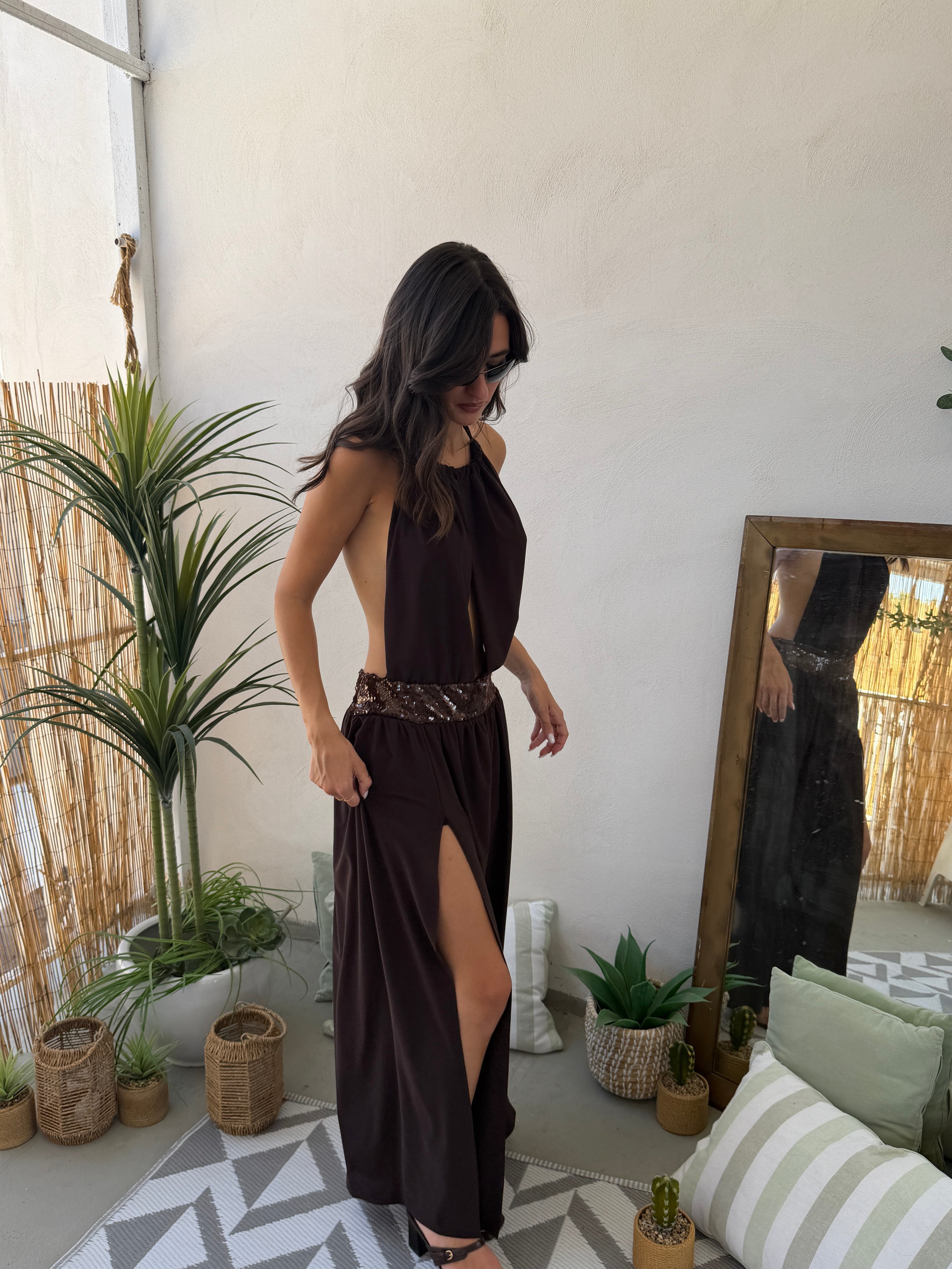 Abito Maxi con Schiena Scoperta e Fascia Paillettes