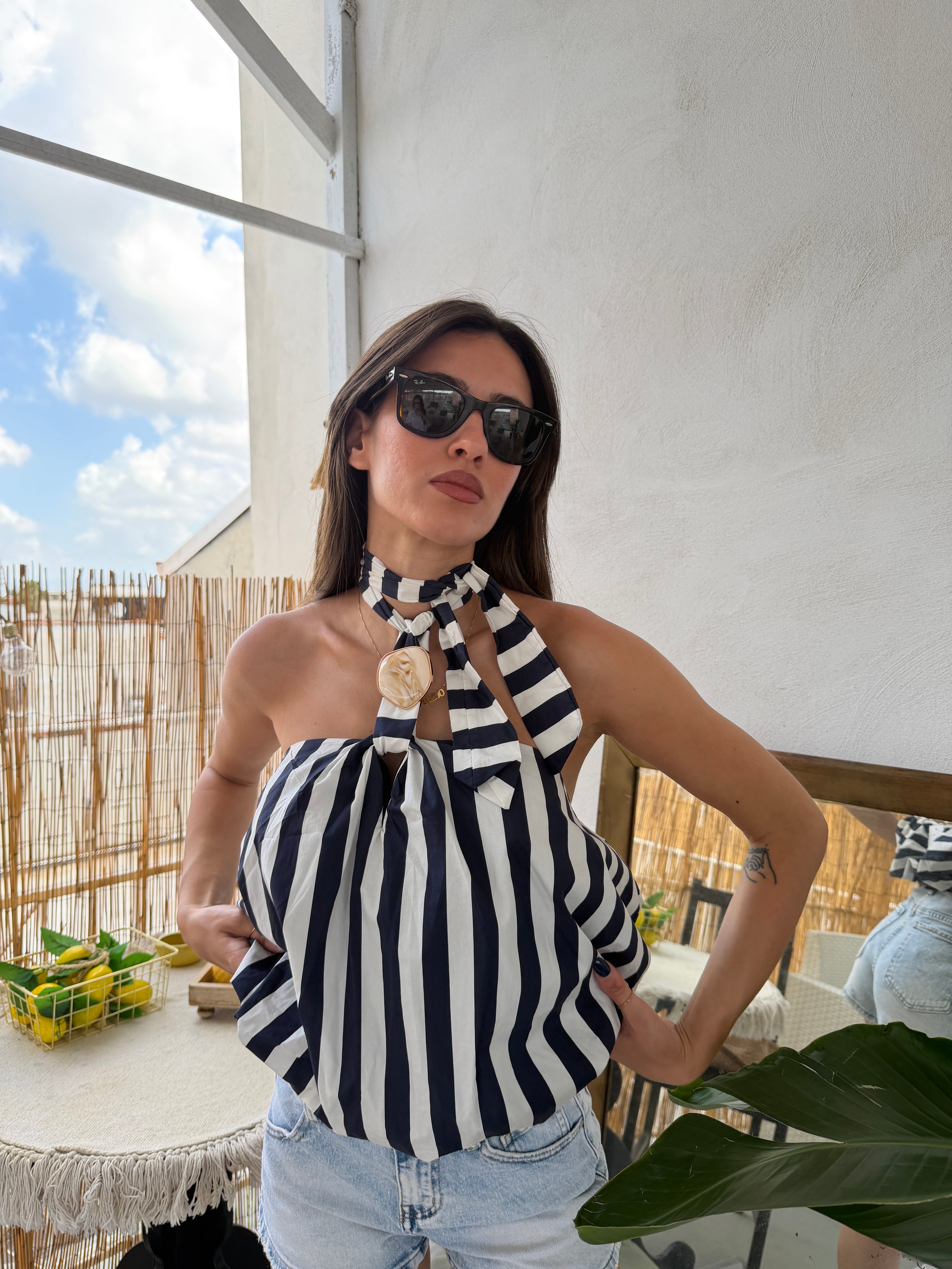 Top Balloon a Righe con Anello Decorativo(cotone)