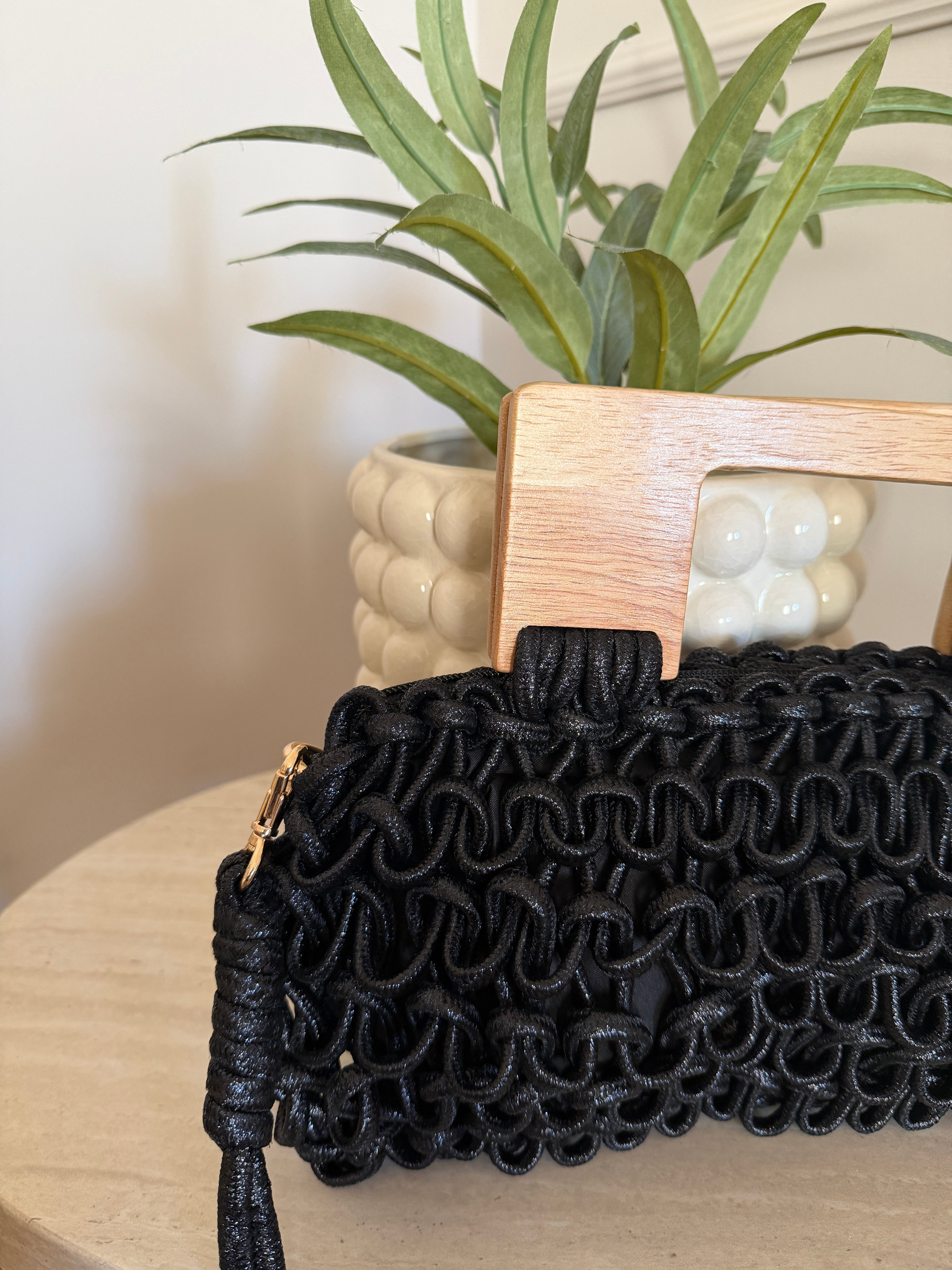 Borsa Intreccio Wood– Mini Bag Intrecciata con Manico in Legno