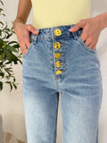 Jeans  wide leg vita alta con bottoni gioiello