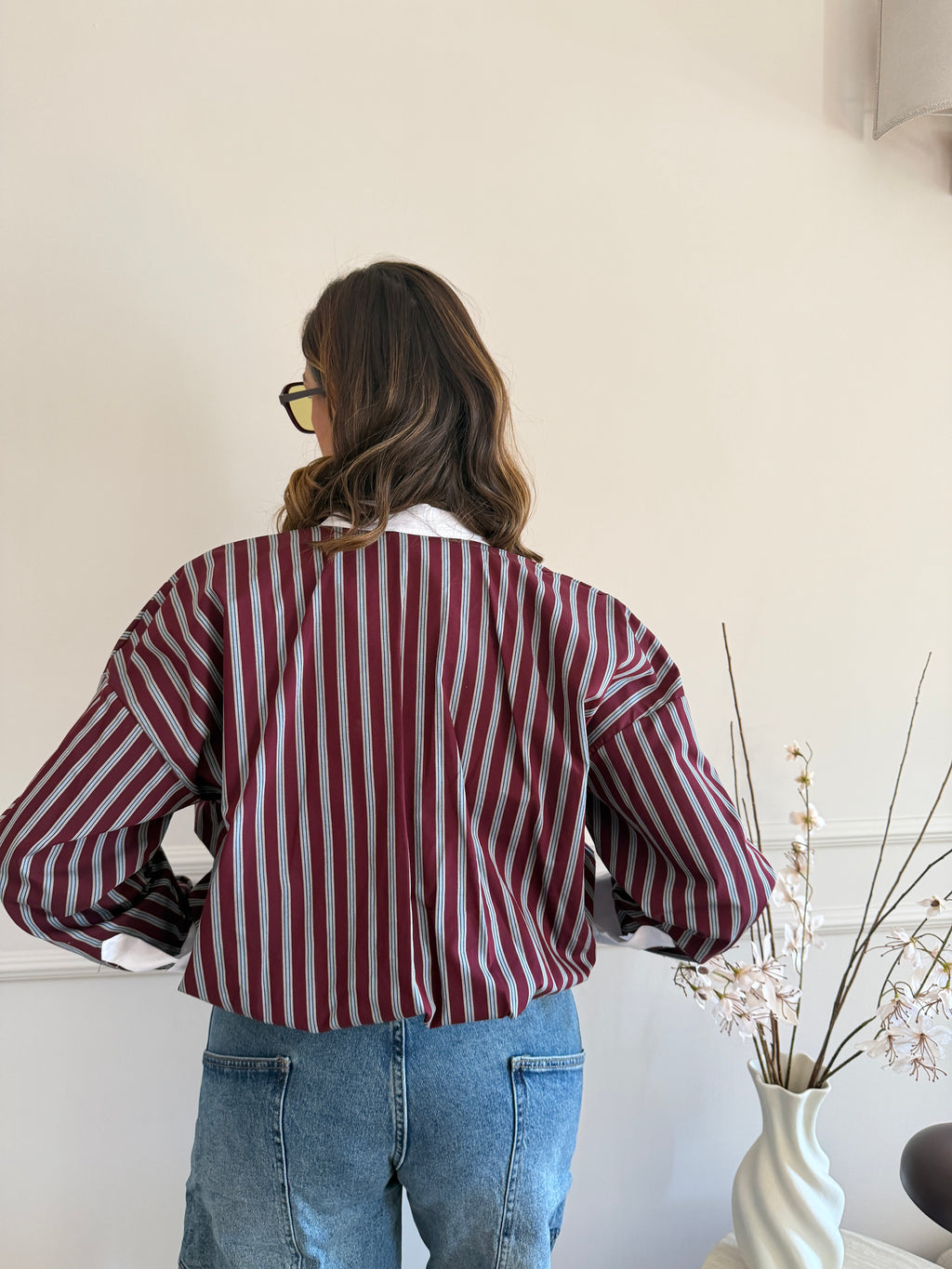 Camicia Oversize a Righe con Dettagli Contrasto