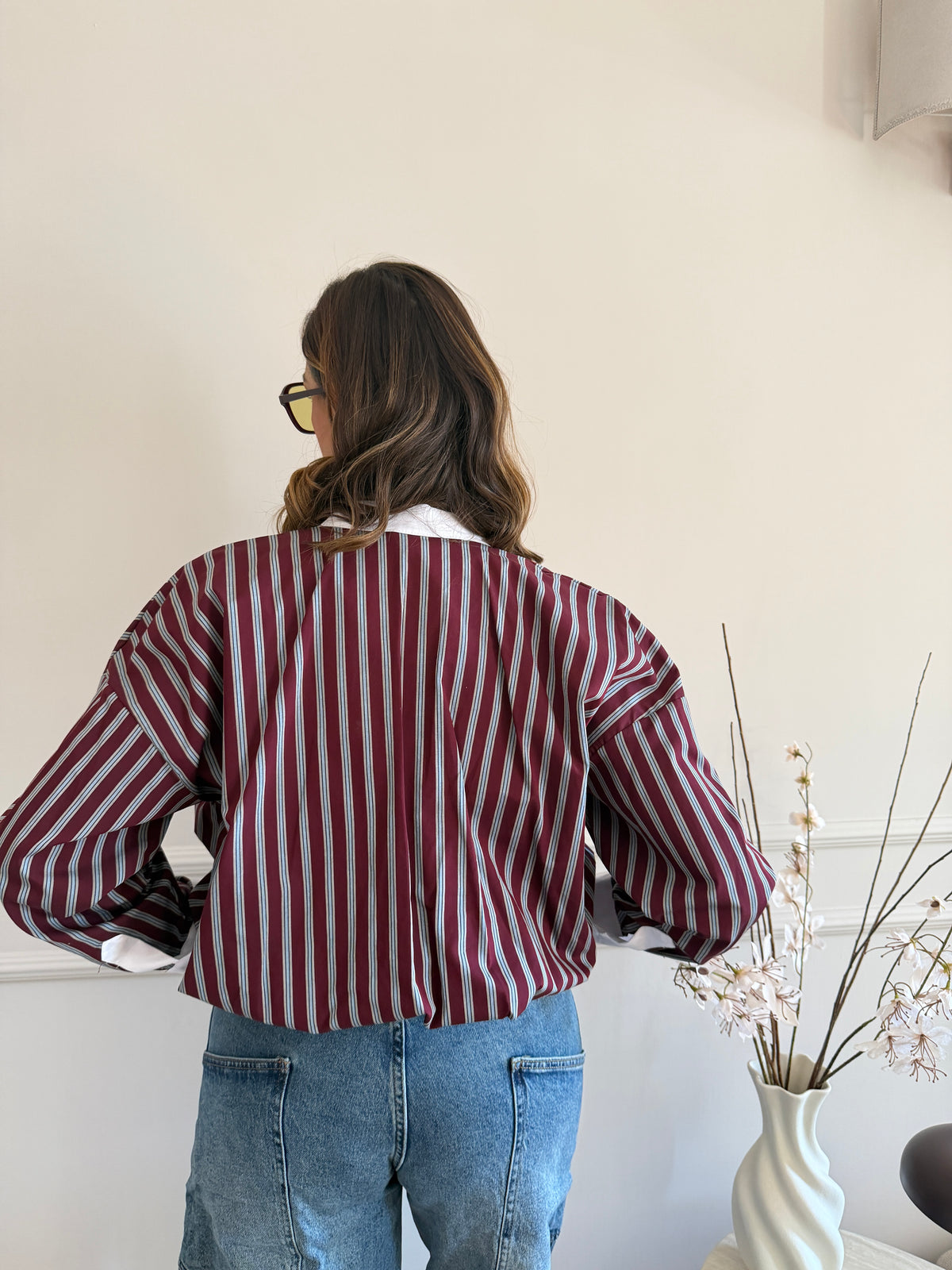 Camicia Oversize a Righe con Dettagli Contrasto