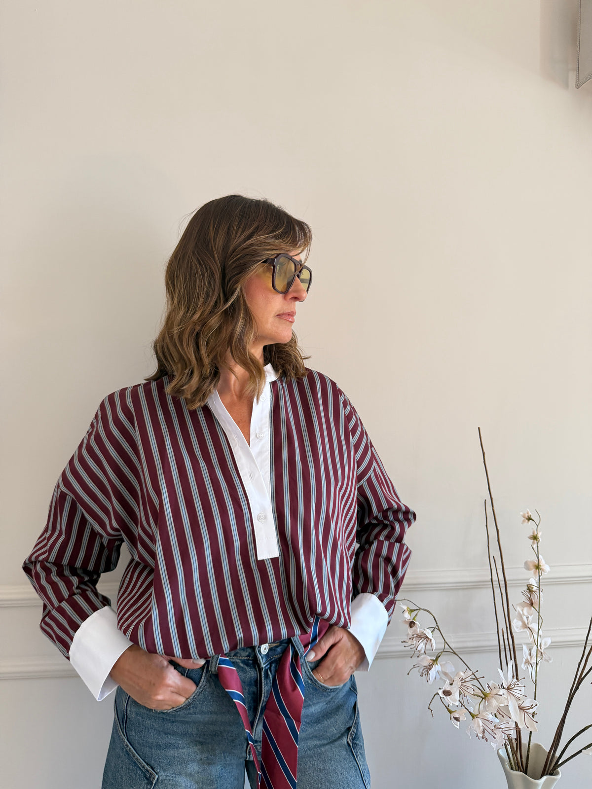 Camicia Oversize a Righe con Dettagli Contrasto