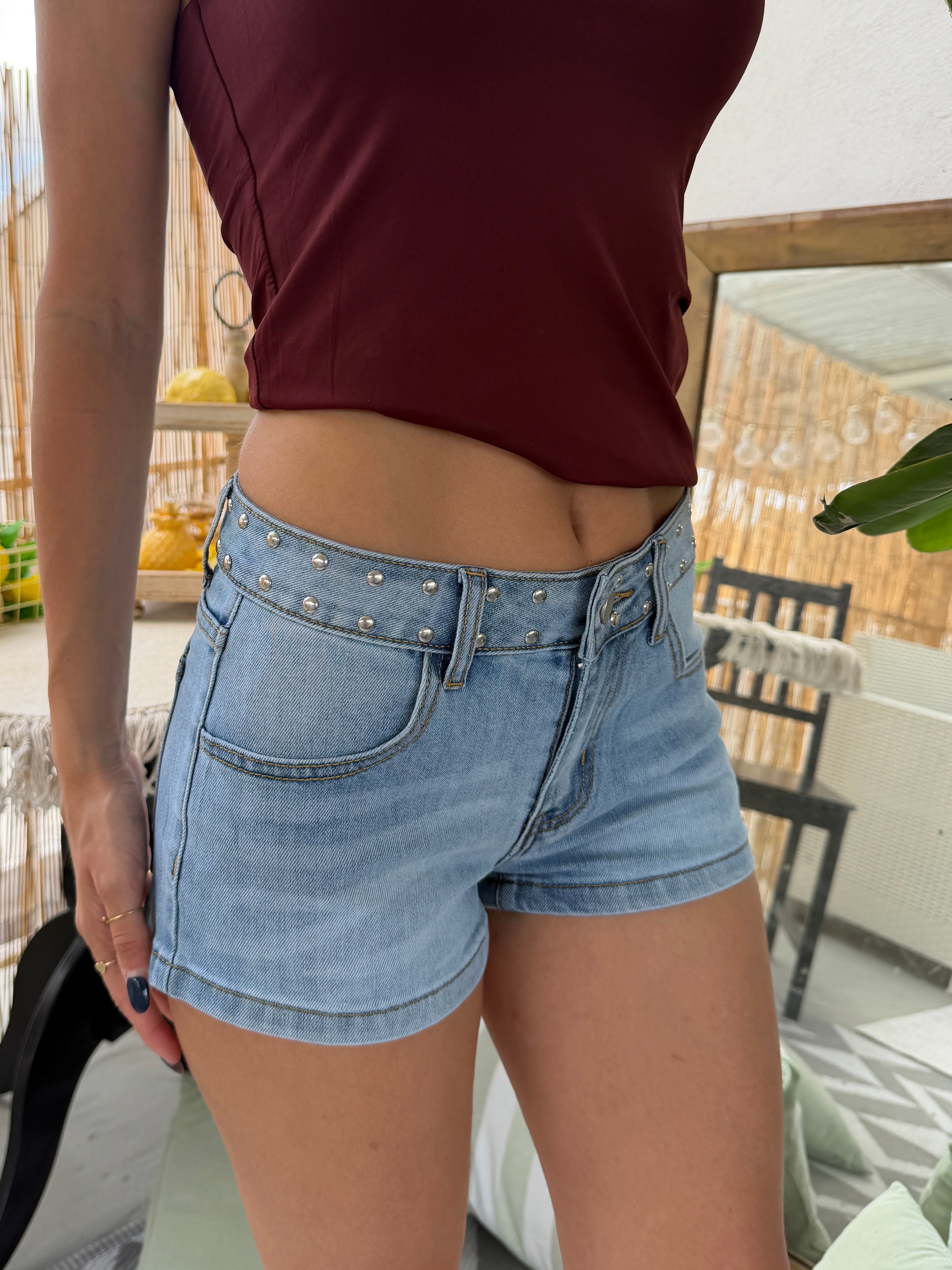 Shorts Denim con Borchie e Tasca Stella Glitter
