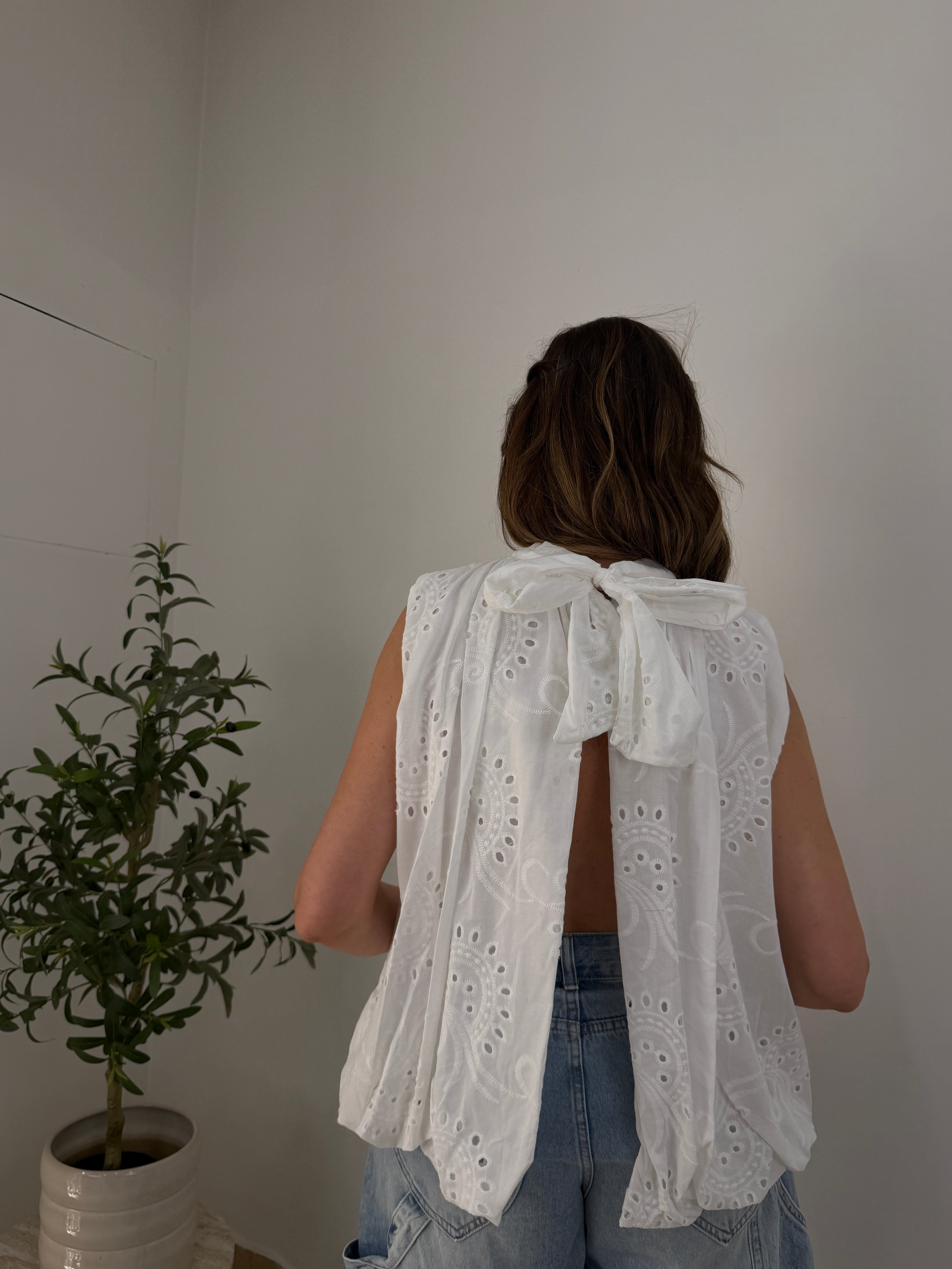 Blusa Sangallo Balloon con Schiena Aperta e Fiocco Elegante
