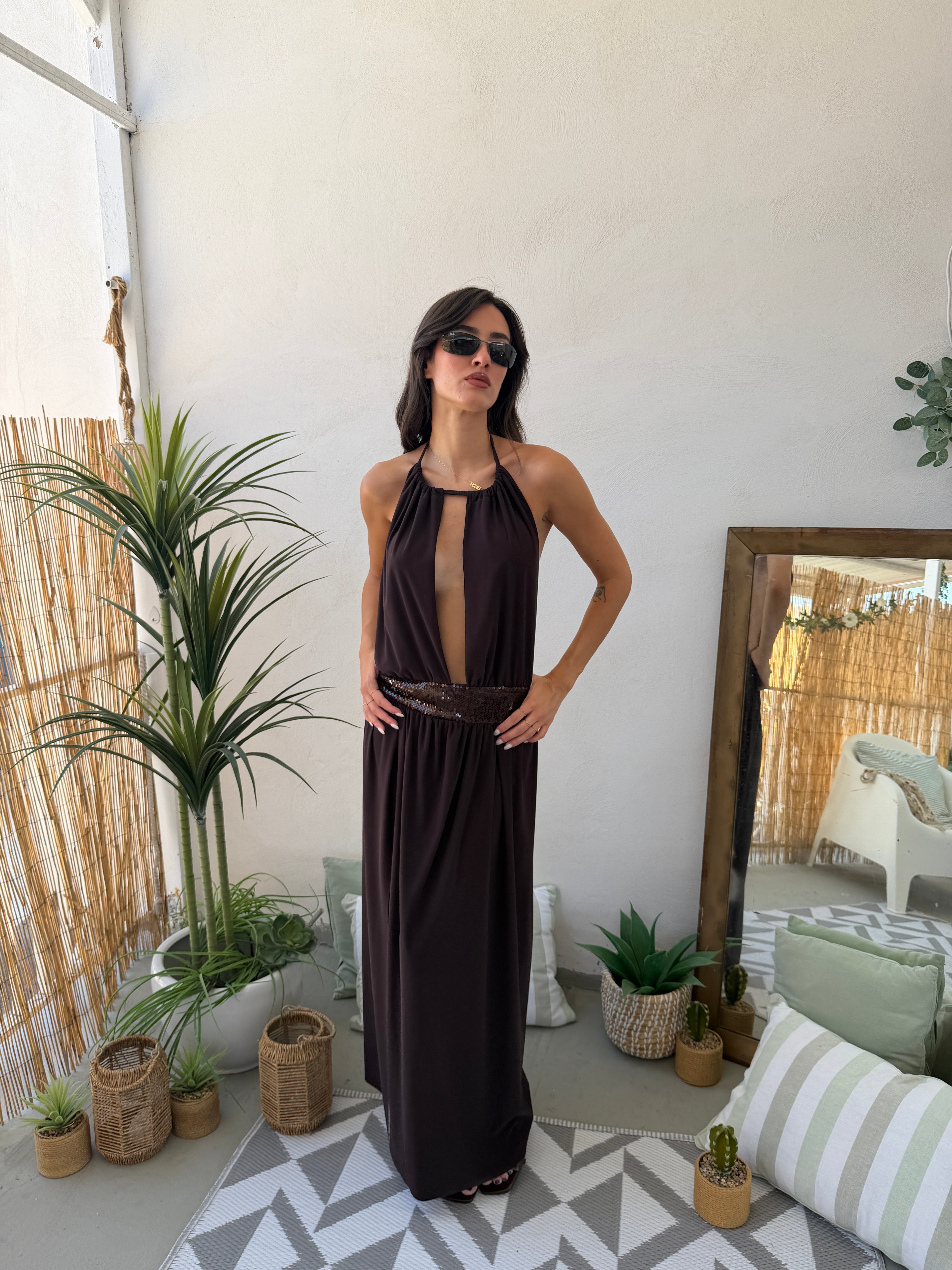 Abito Maxi con Schiena Scoperta e Fascia Paillettes