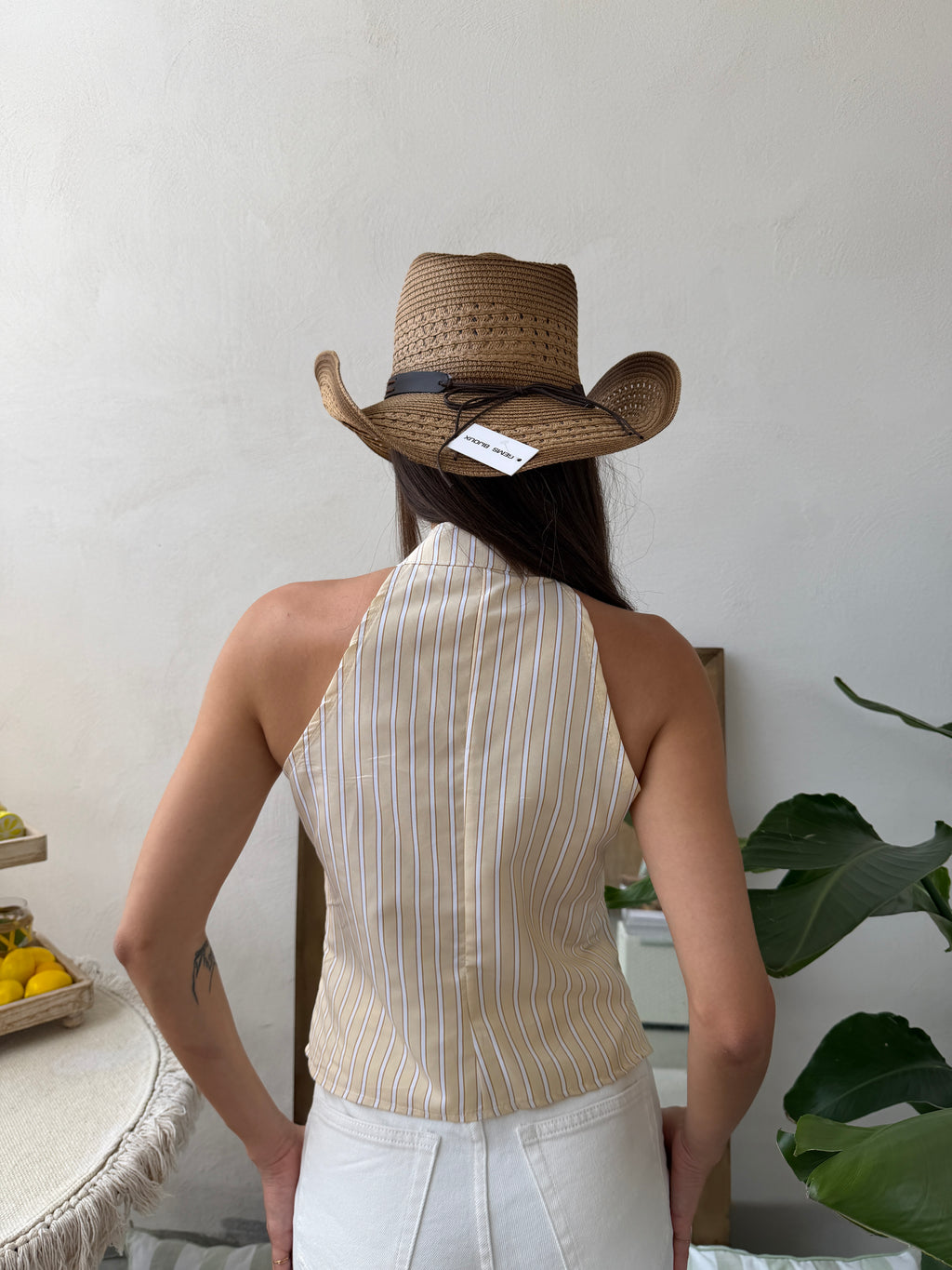 Top Gessato con Laccetti Frontali in cotone