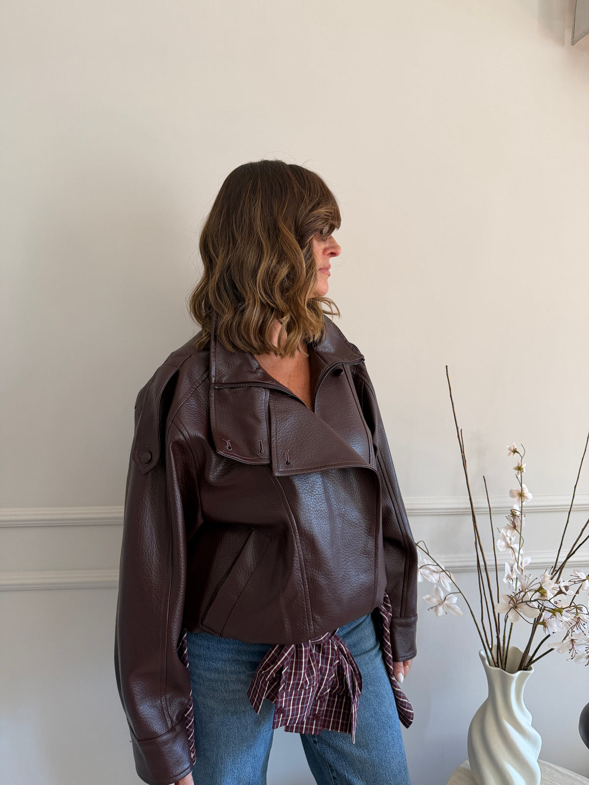 Giacca Biker Oversize con Collo Alto