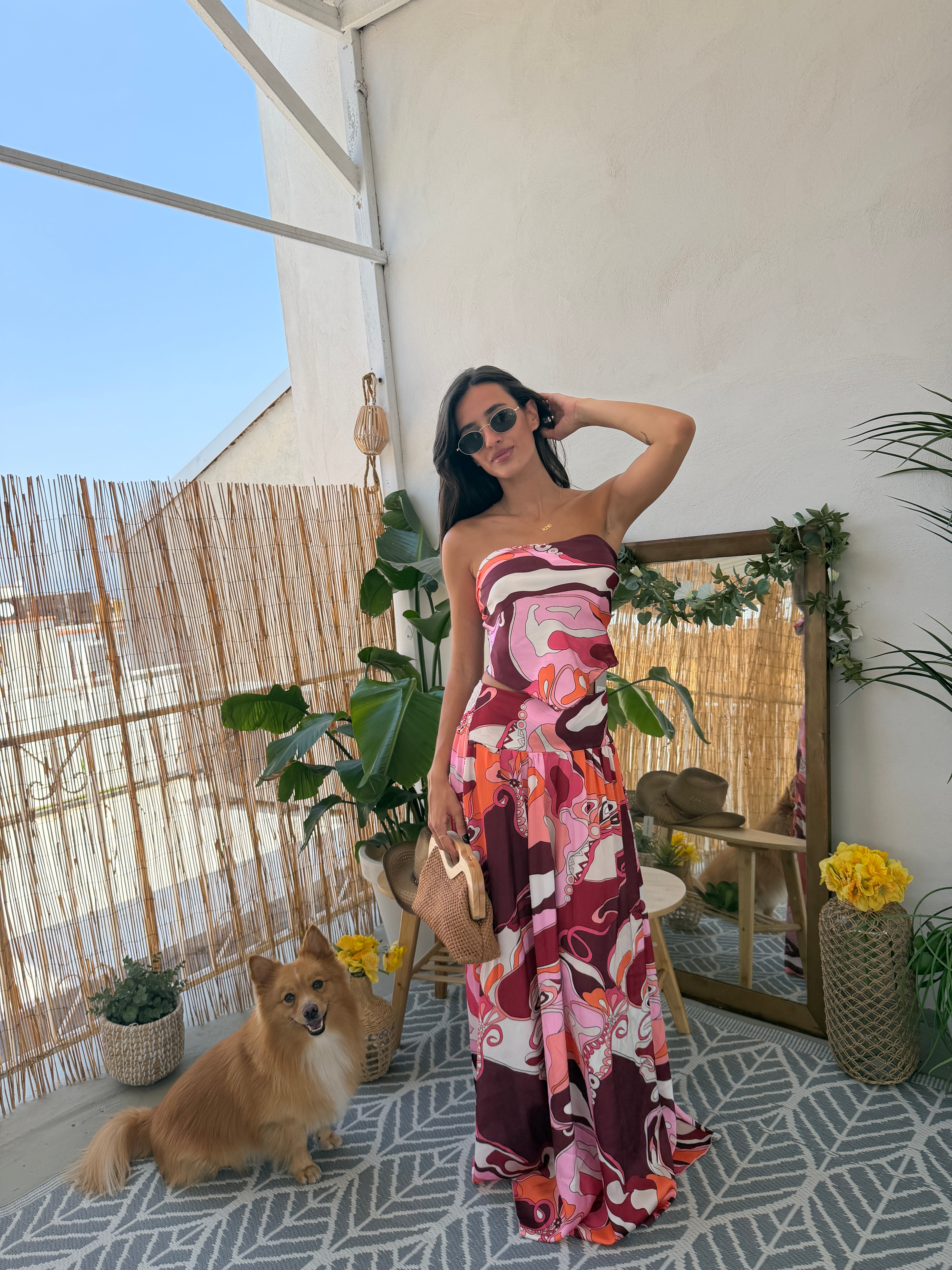 Coordinato fantasia con top foulard e gonna lunga