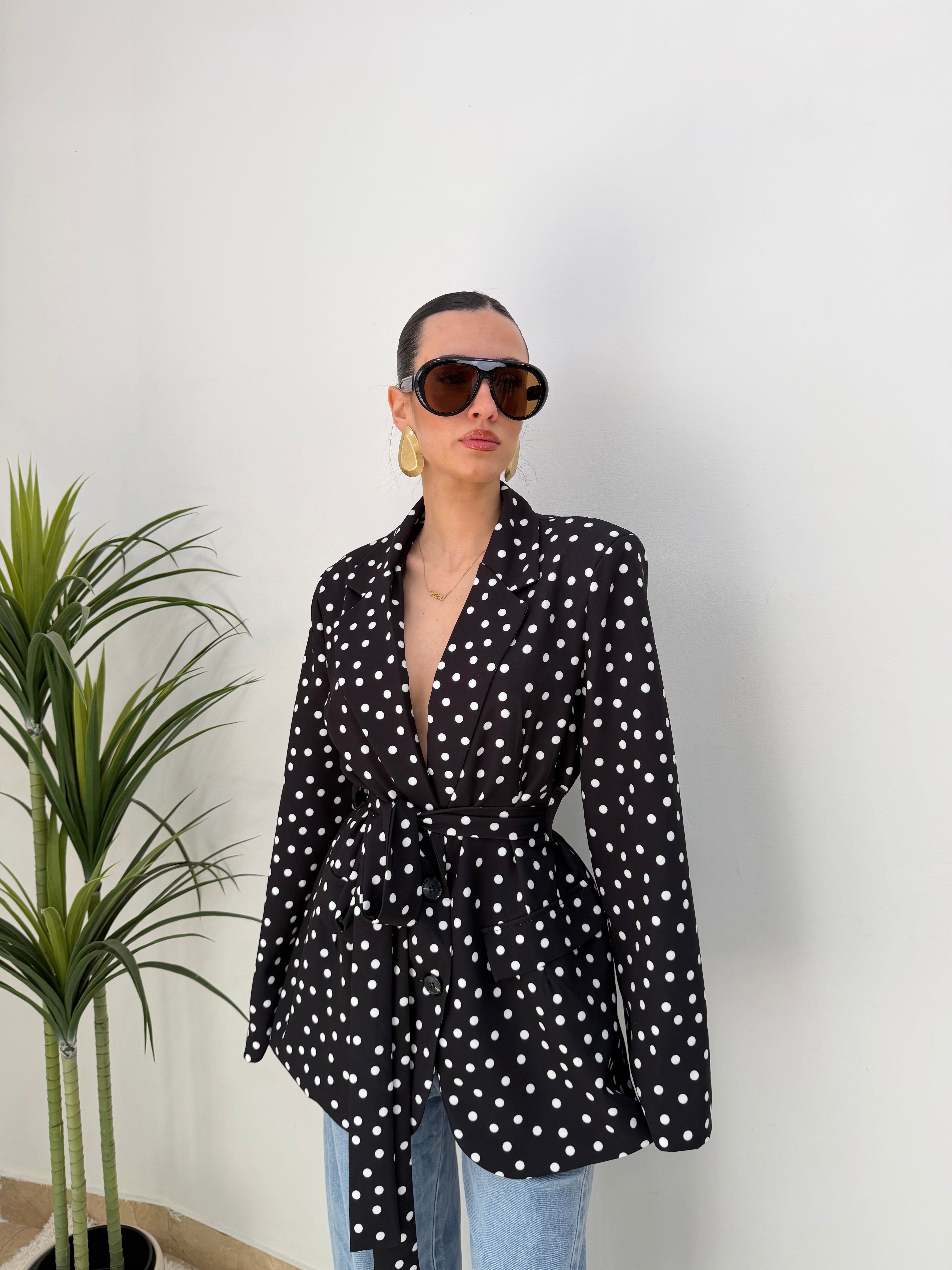Blazer doppio bottone a pois con cintura