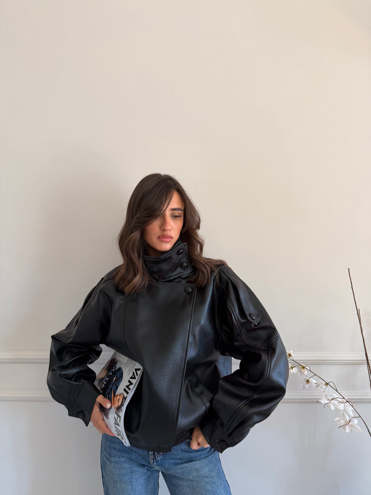 Giacca Biker Oversize con Collo Alto