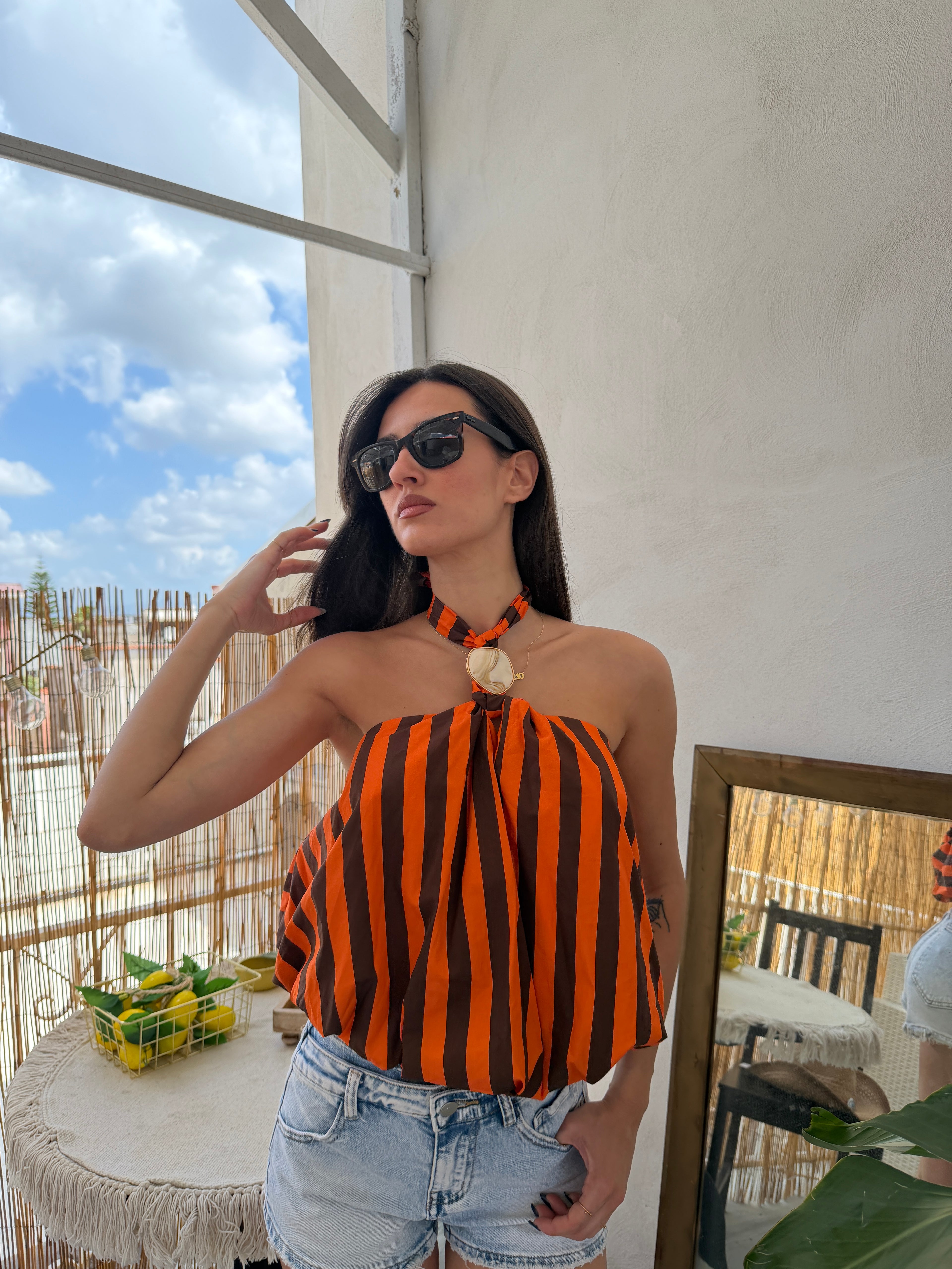 Top Balloon a Righe con Anello Decorativo(cotone)