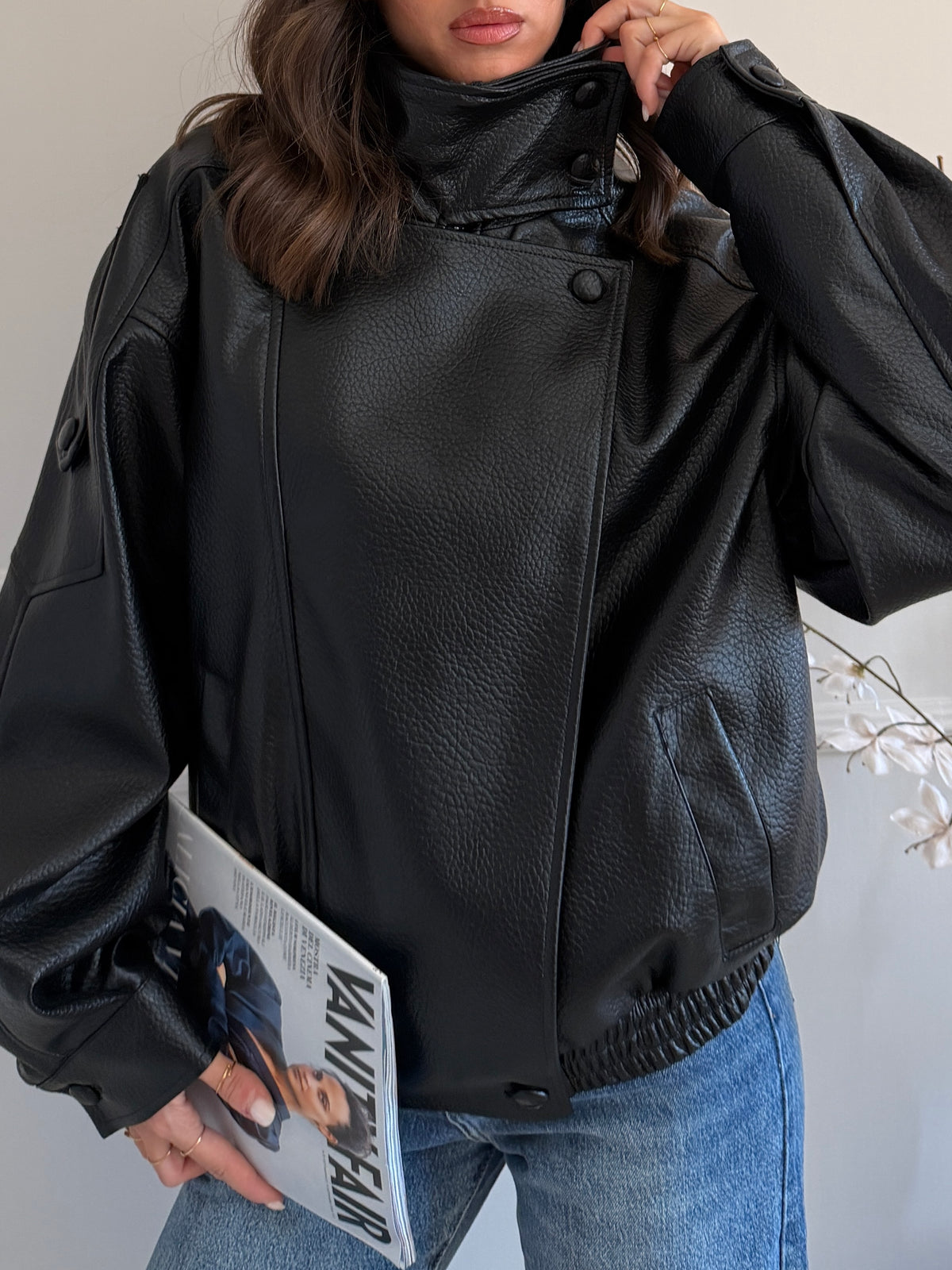 Giacca Biker Oversize con Collo Alto