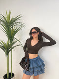 Mini gonna in denim a balze con rouches