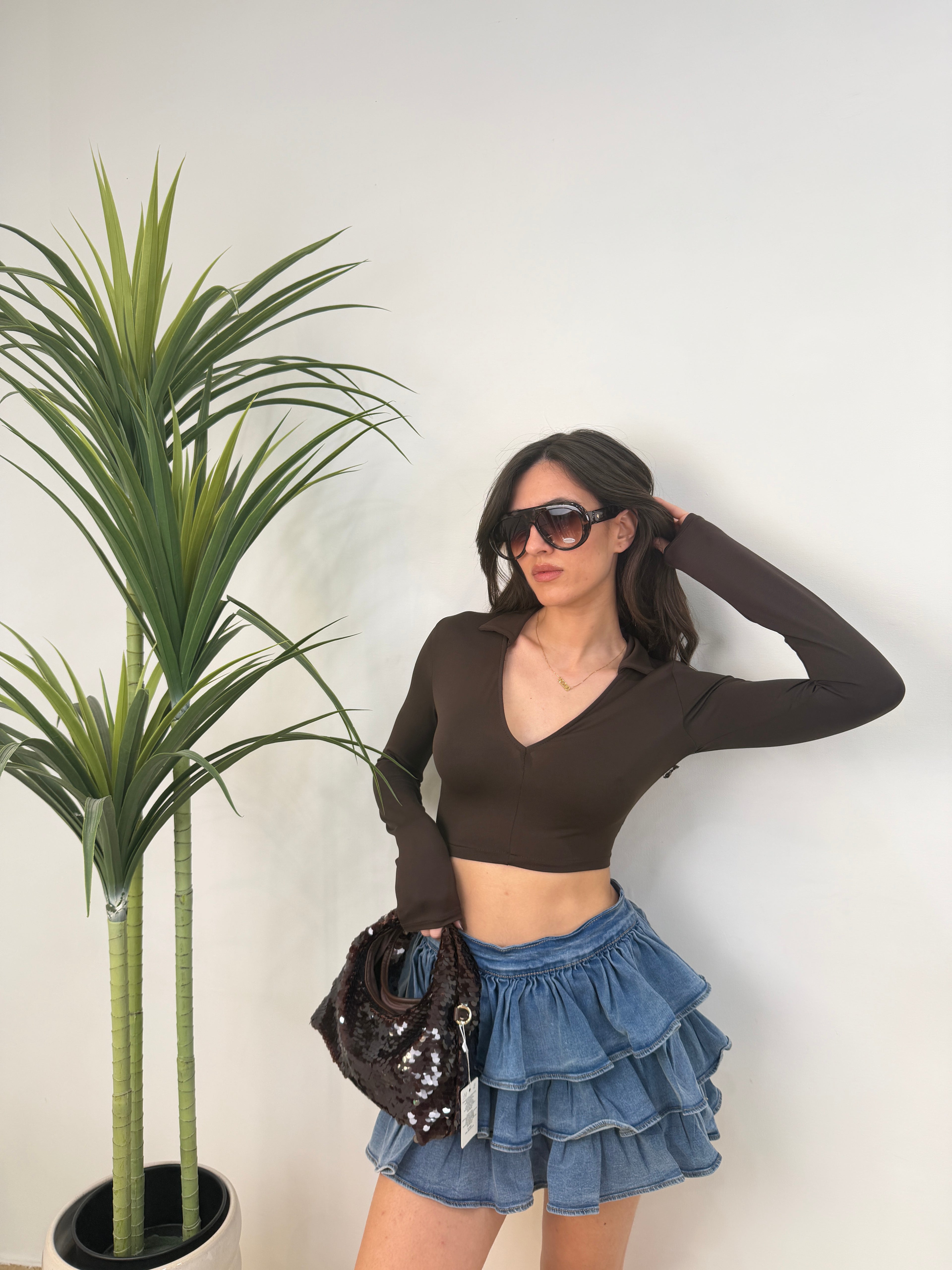 Mini gonna in denim a balze con rouches