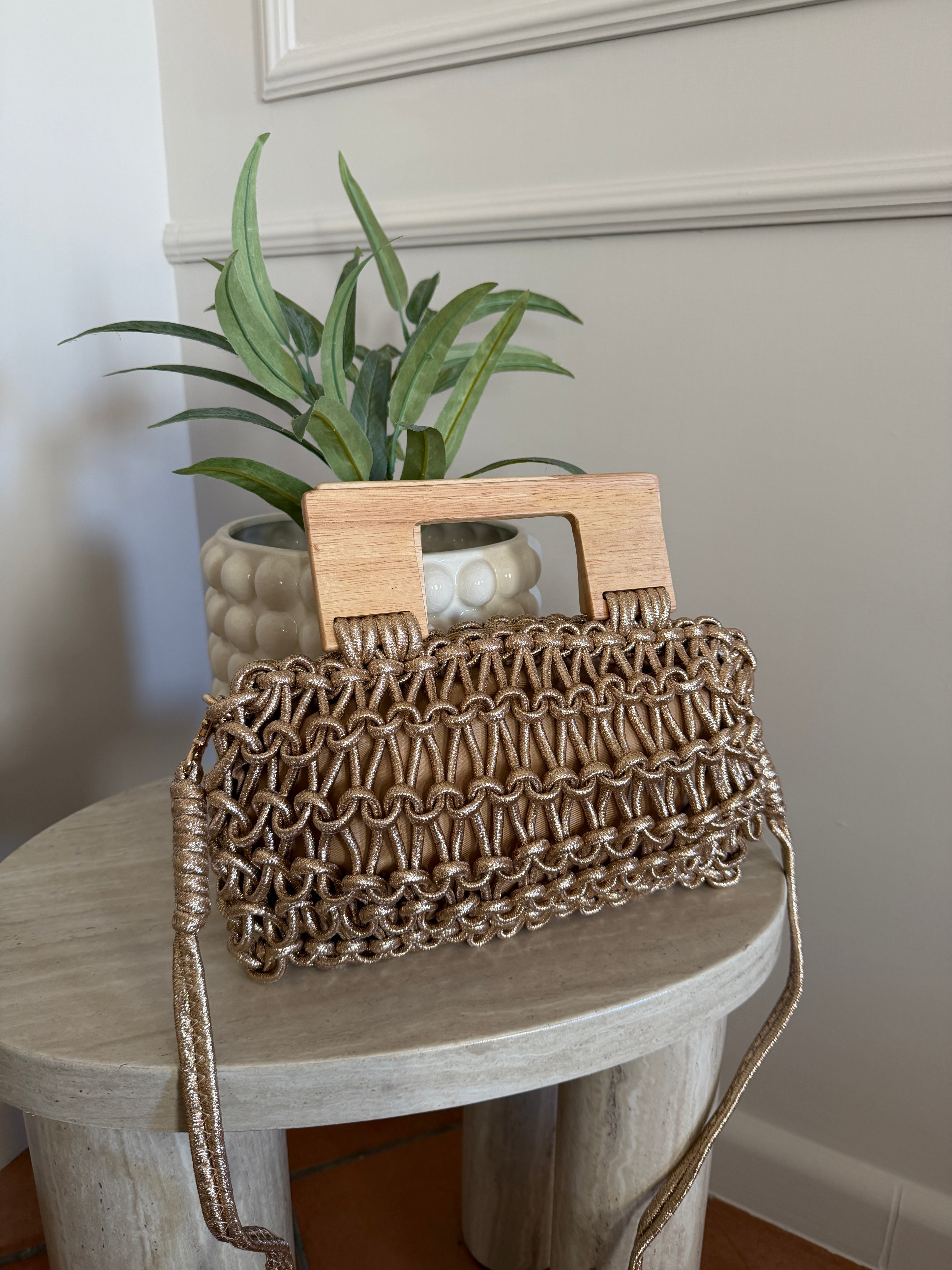 Borsa Intreccio Wood– Mini Bag Intrecciata con Manico in Legno