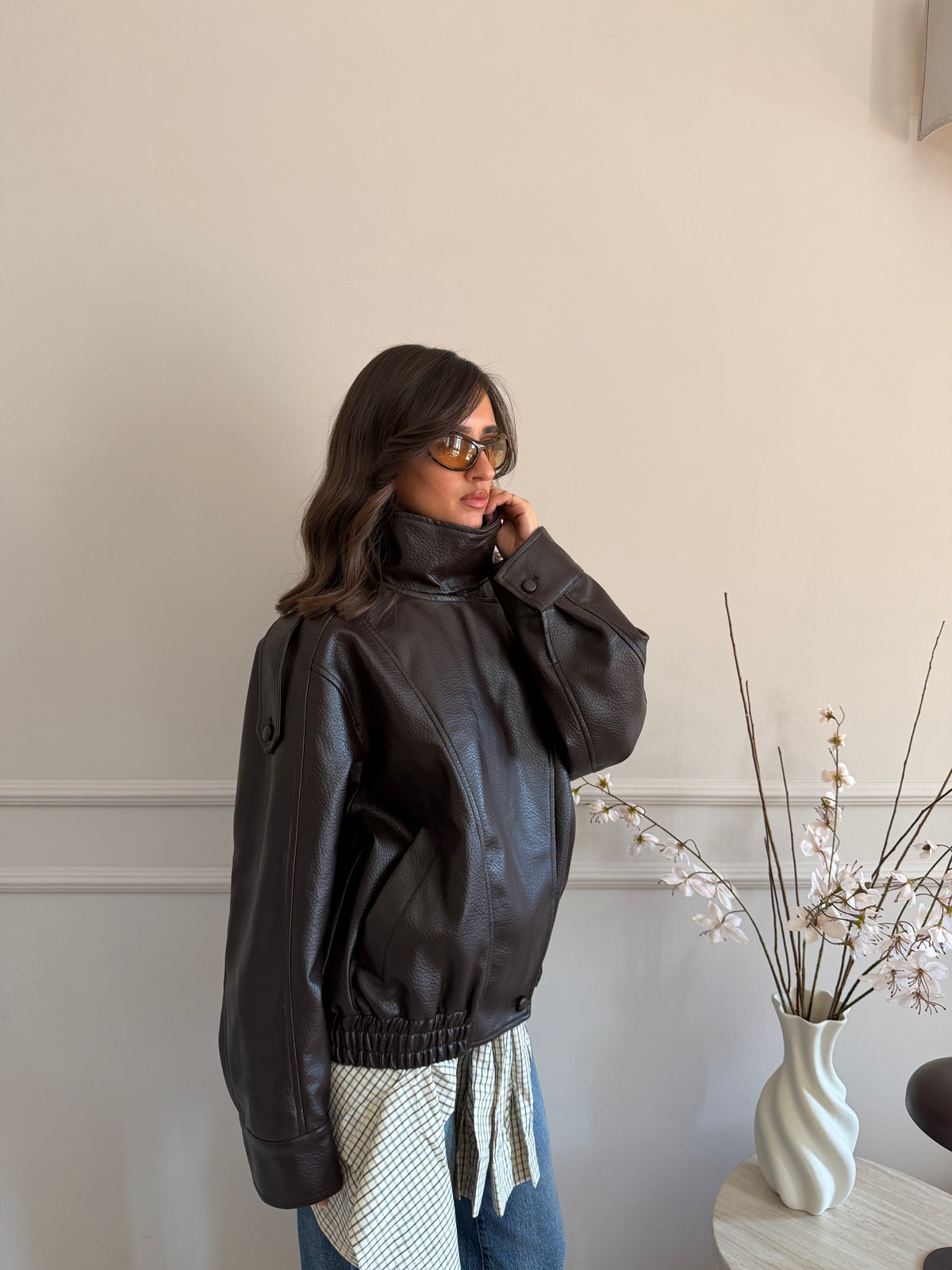 Giacca Biker Oversize con Collo Alto