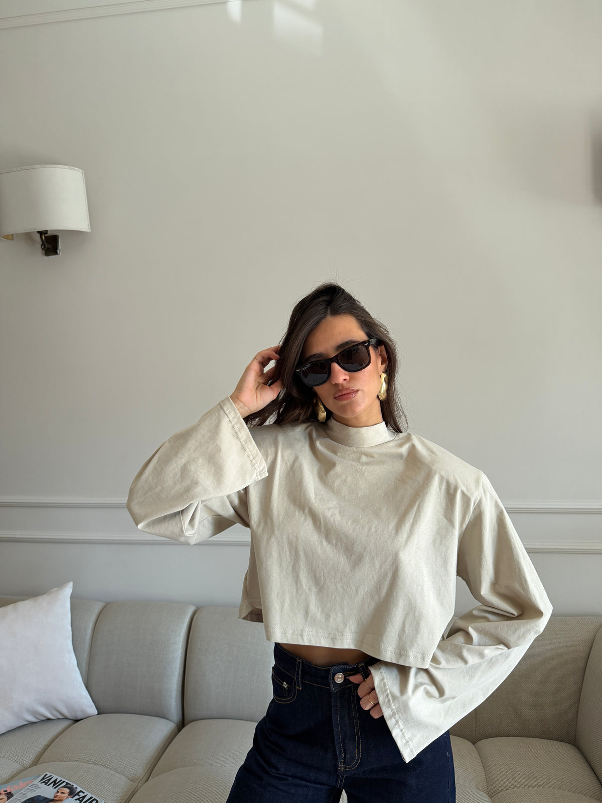 Longsleeve Crop mezzo collo  con Maniche Svasate