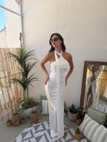 Abito Lungo Satin con Collo Drappeggiato