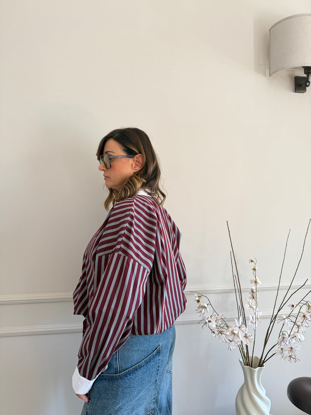 Camicia Oversize a Righe con Dettagli Contrasto