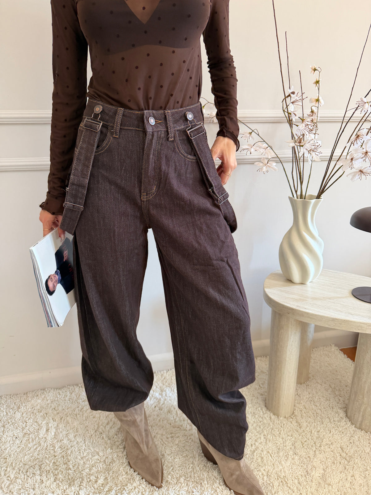 Pantalone Wide Leg con Bretelle Rimovibili