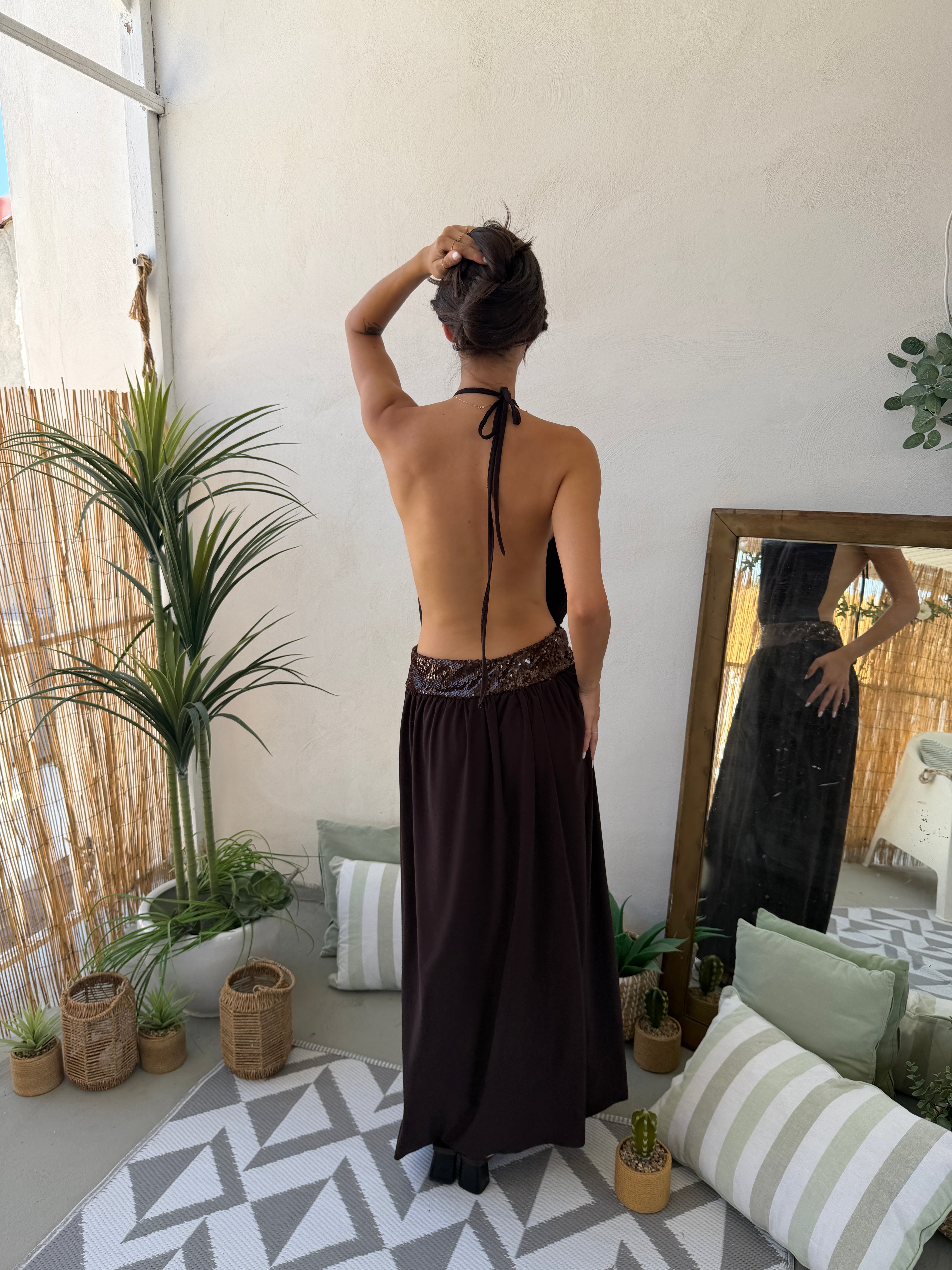 Abito Maxi con Schiena Scoperta e Fascia Paillettes