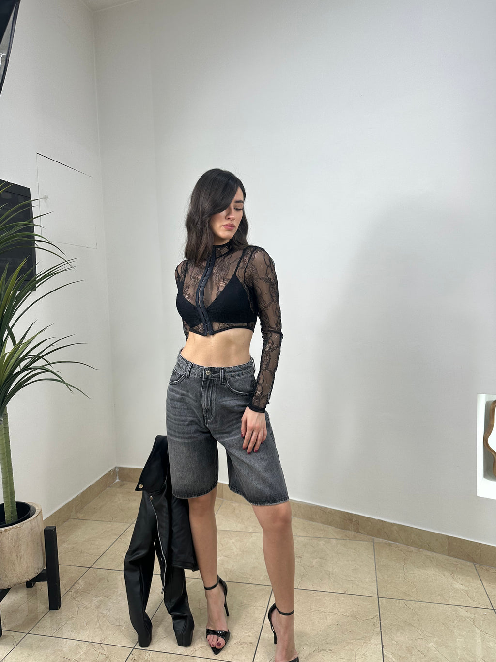 Shorts Wide Leg Vita Alta denim Nero Lavato