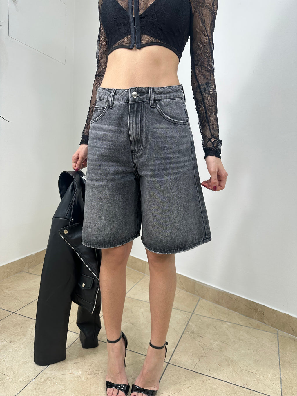 Shorts Wide Leg Vita Alta denim Nero Lavato