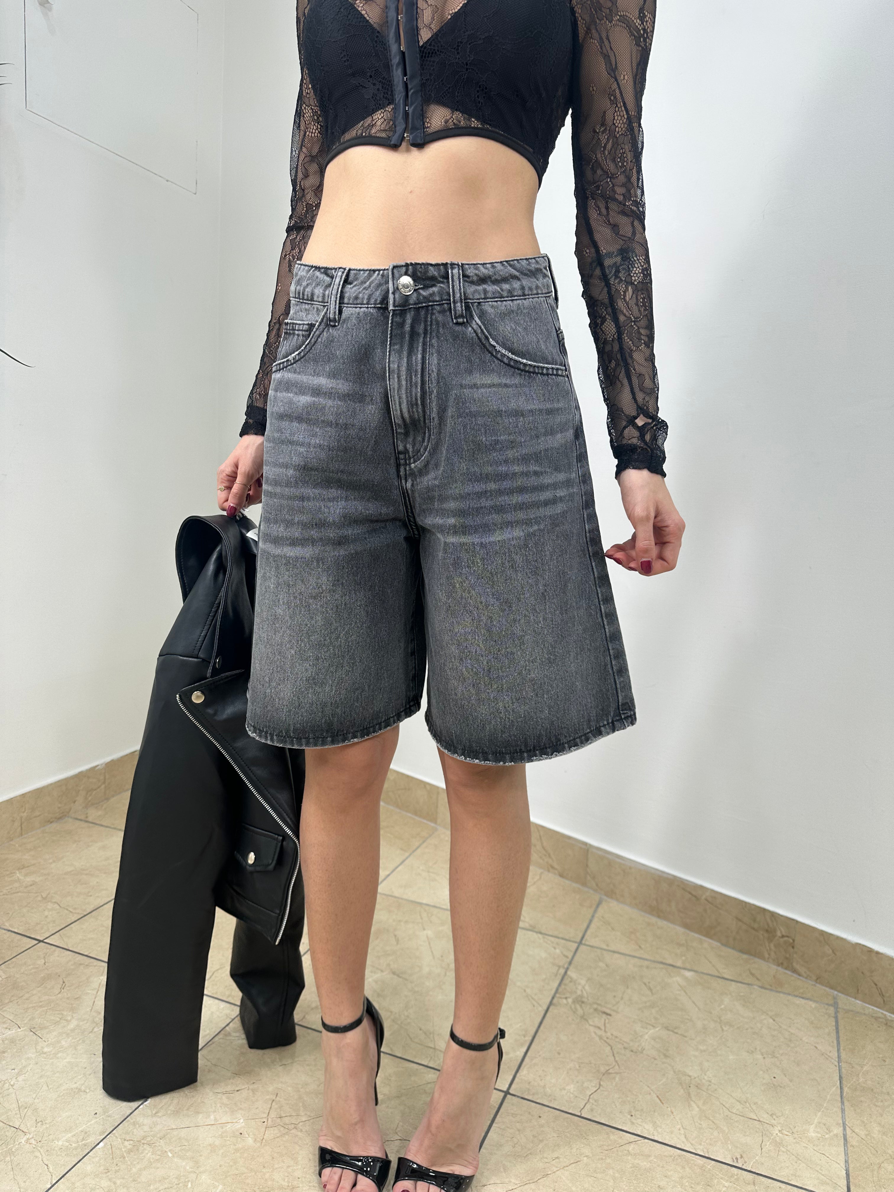 Shorts Wide Leg Vita Alta denim Nero Lavato