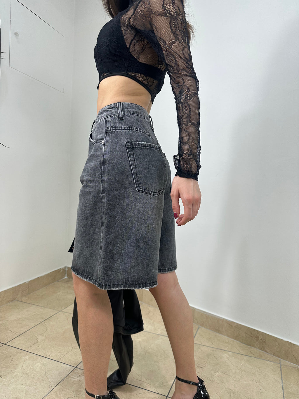 Shorts Wide Leg Vita Alta denim Nero Lavato