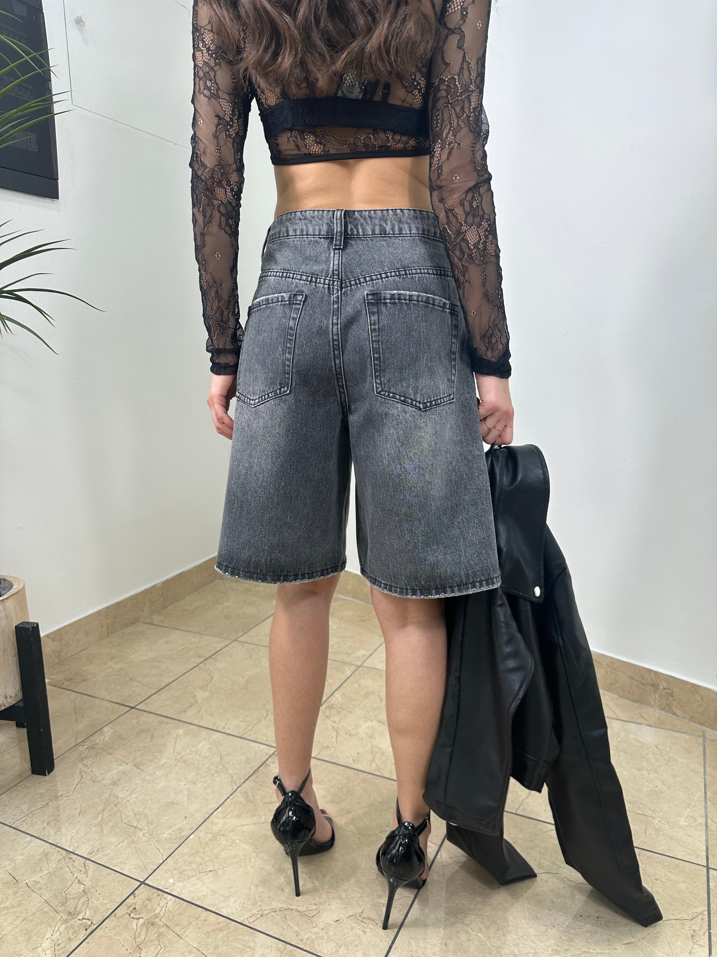 Shorts Wide Leg Vita Alta denim Nero Lavato