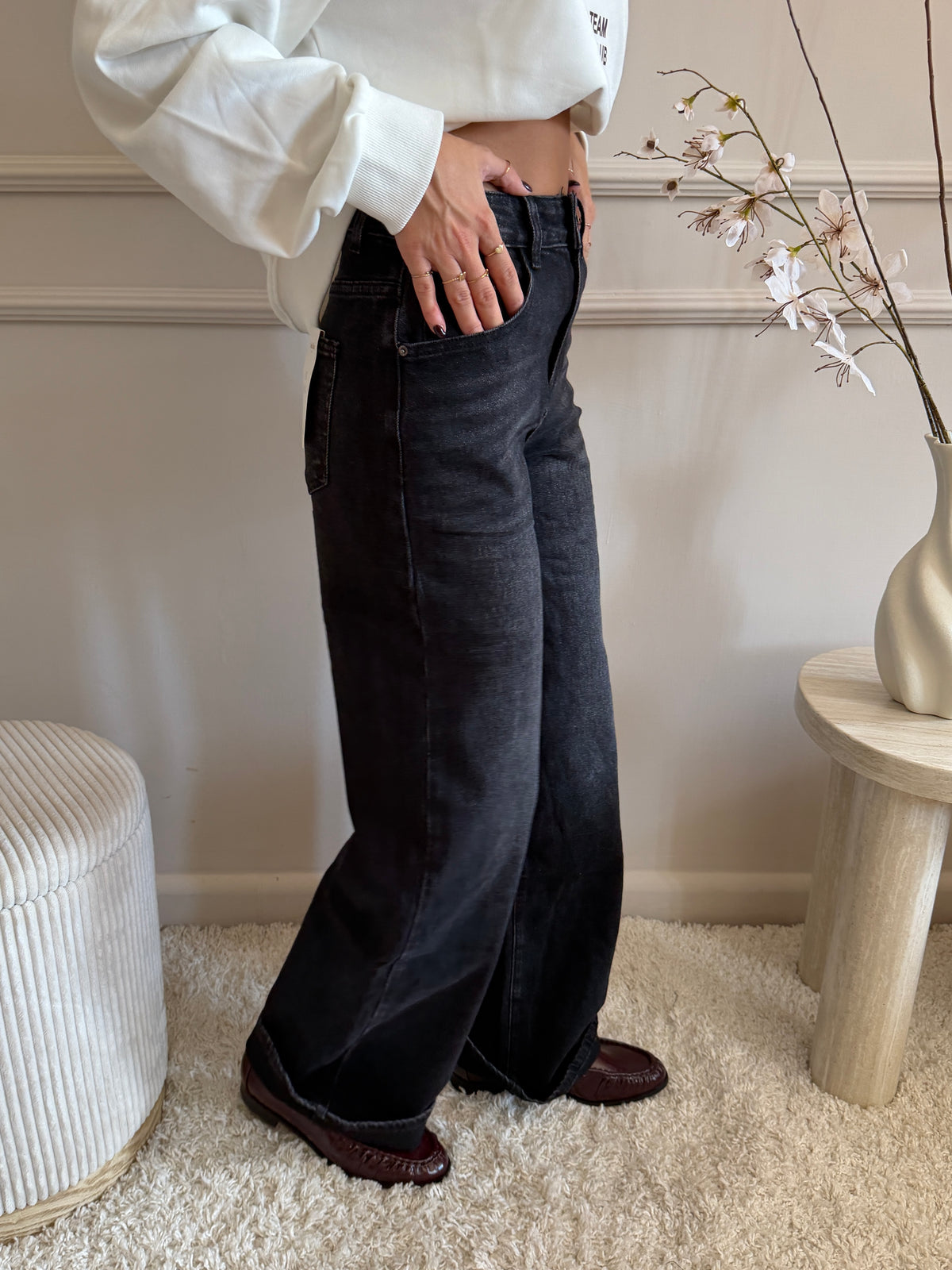 Jeans wide leg nero vita regolare