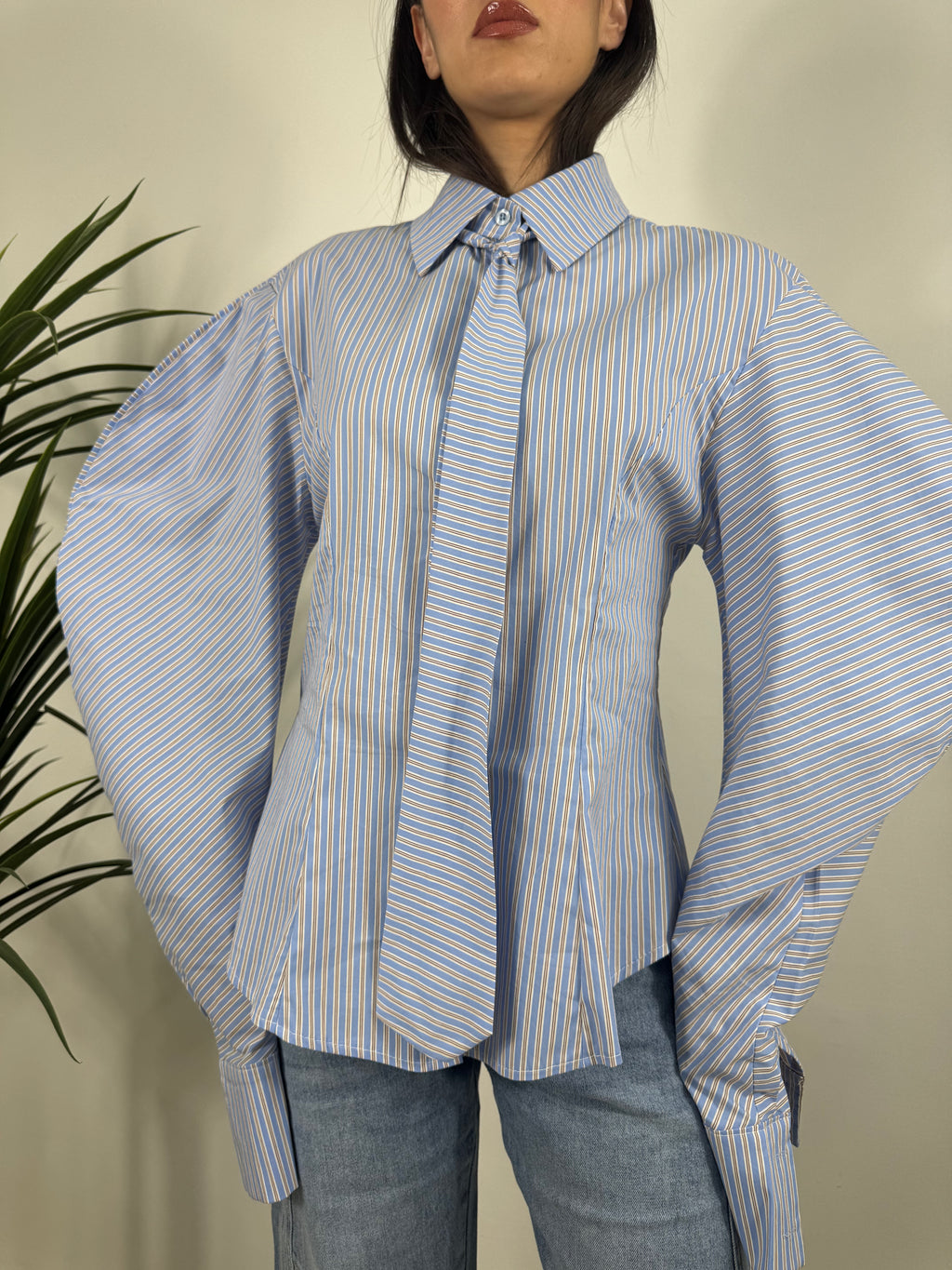 CAMICIA A RIGHE CON CRAVATTA E MANICHE VOLUME