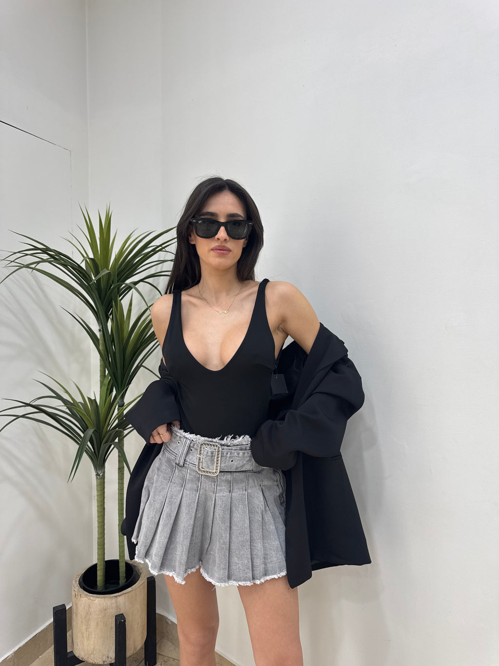 Gonna Mini Plissettata in Denim Grigio