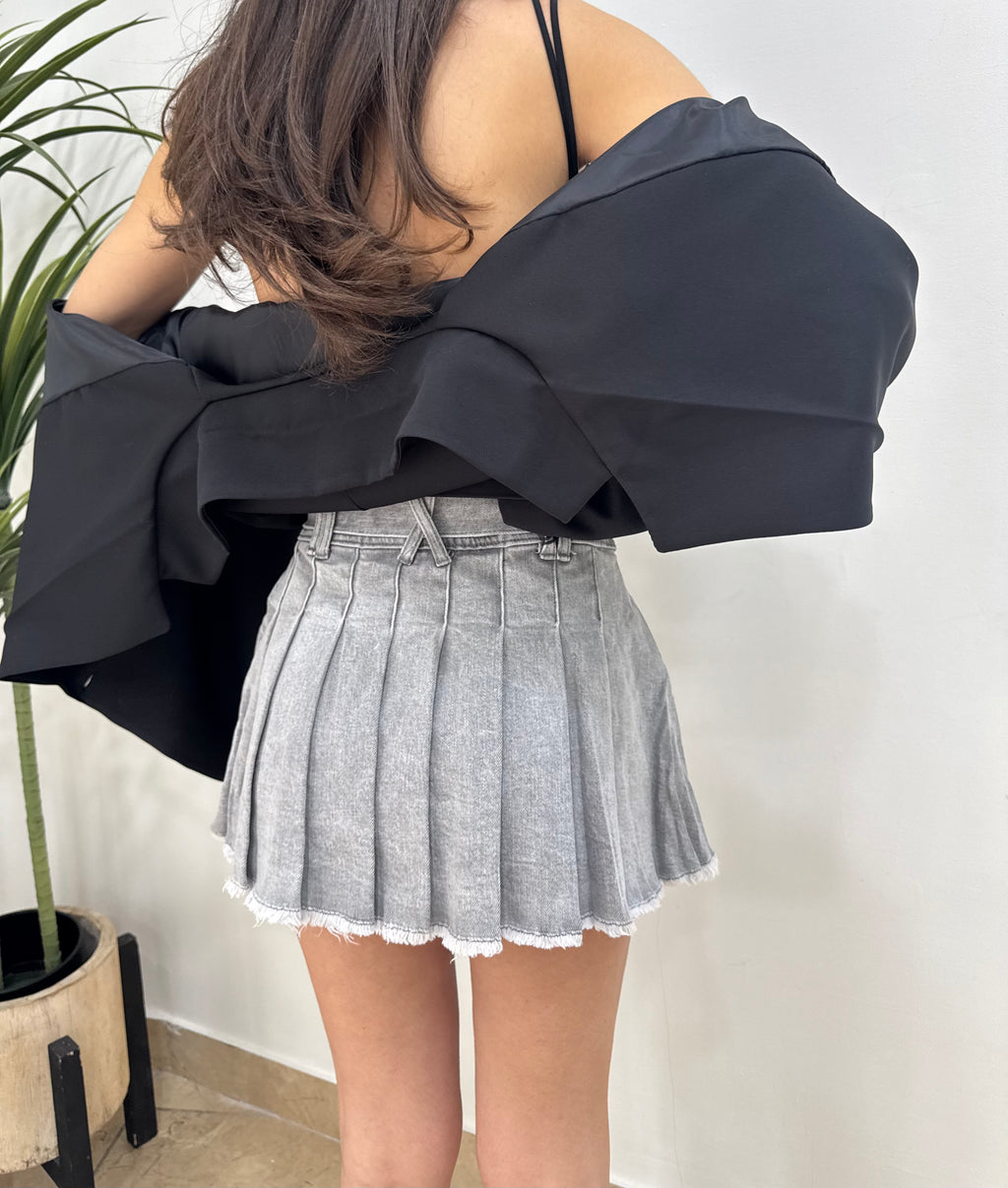 Gonna Mini Plissettata in Denim Grigio