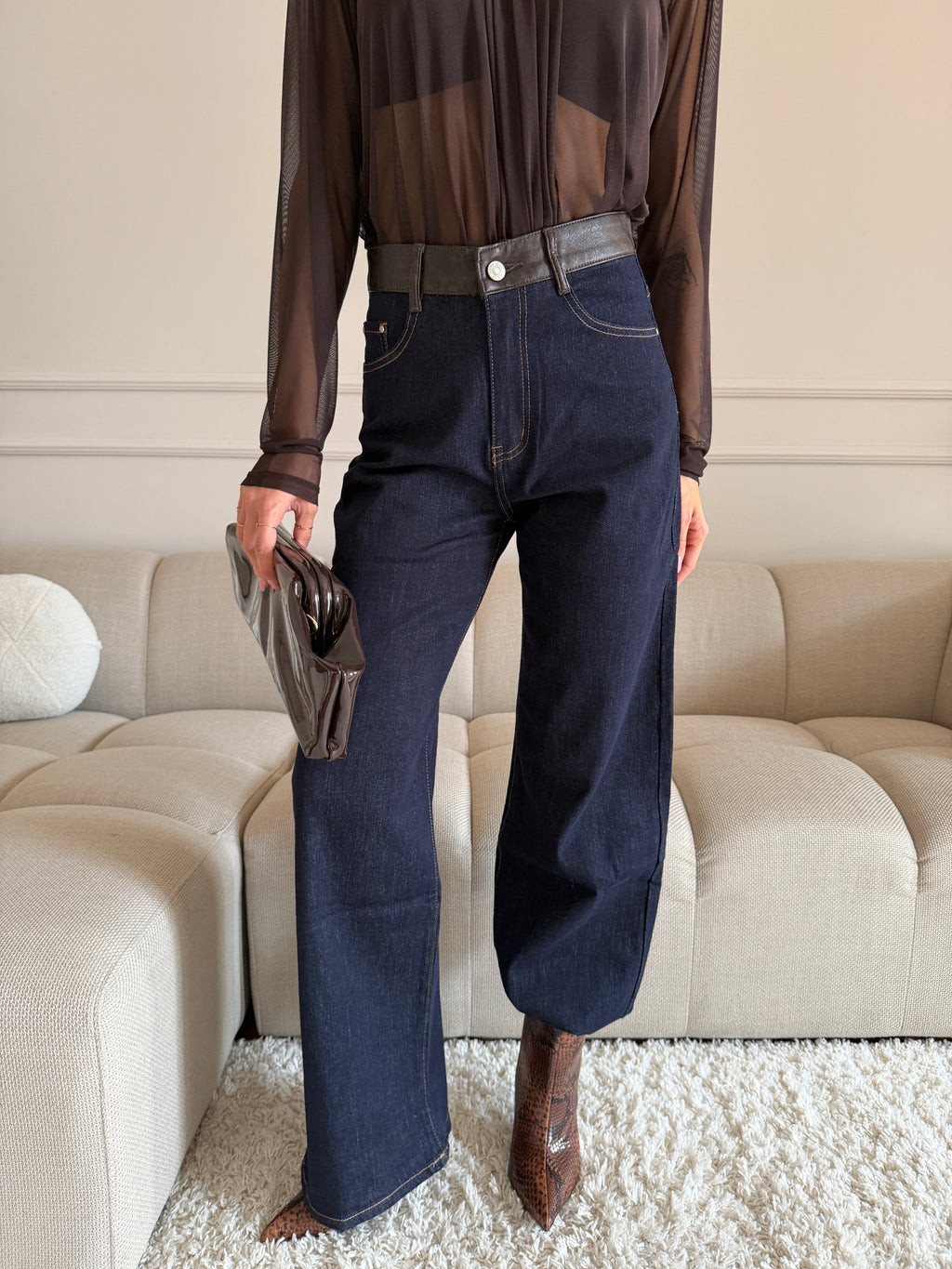 Jeans Wide Leg Blu Scuro con Vita e tasche Effetto Pelle