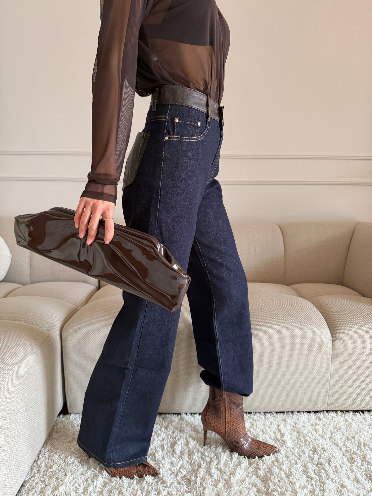 Jeans Wide Leg Blu Scuro con Vita e tasche Effetto Pelle
