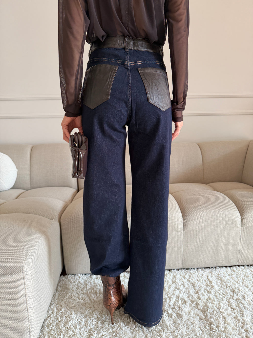 Jeans Wide Leg Blu Scuro con Vita e tasche Effetto Pelle