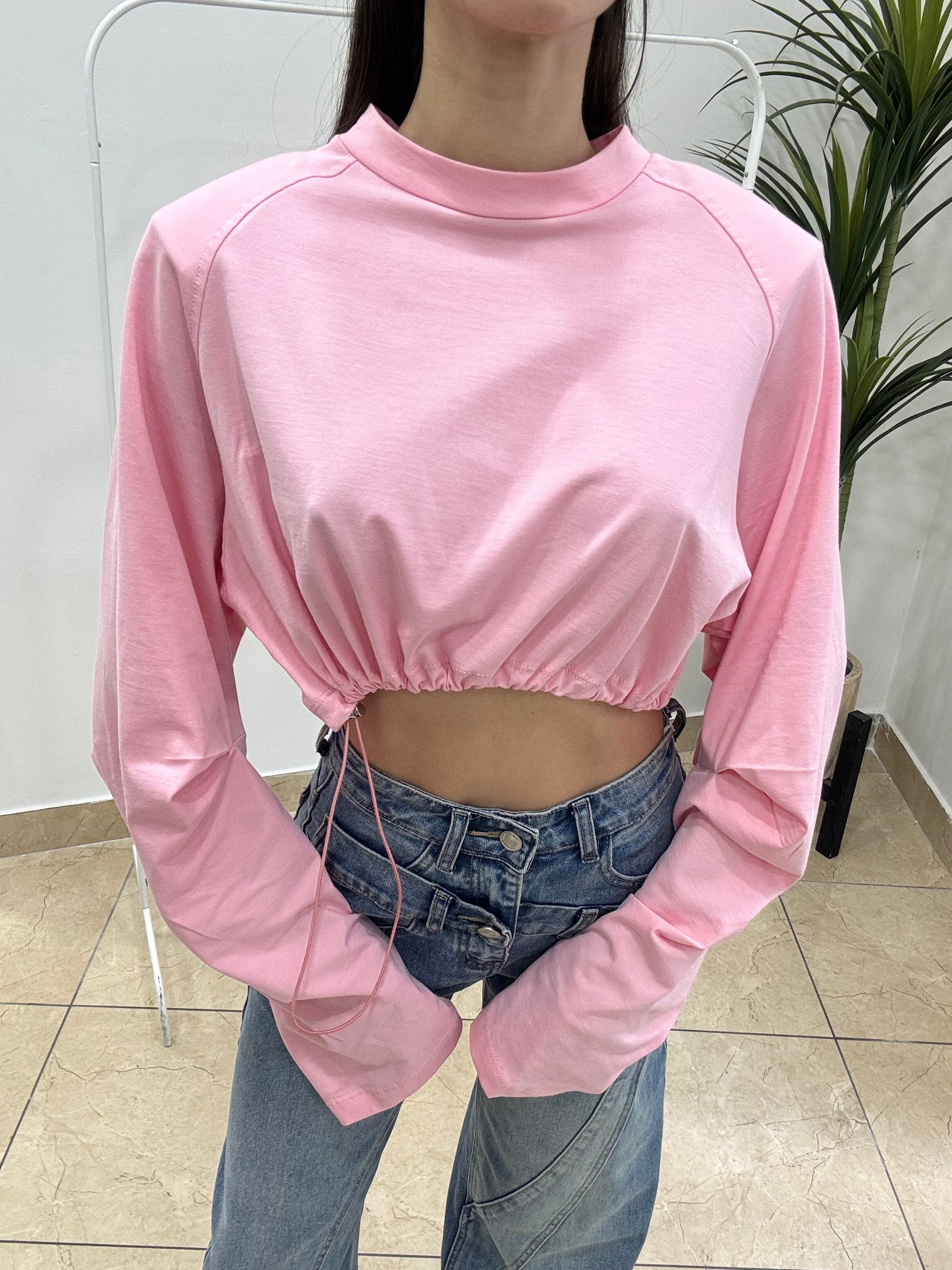 Maglia Crop Rosa con Coulisse Regolabile e Maniche Lunghe