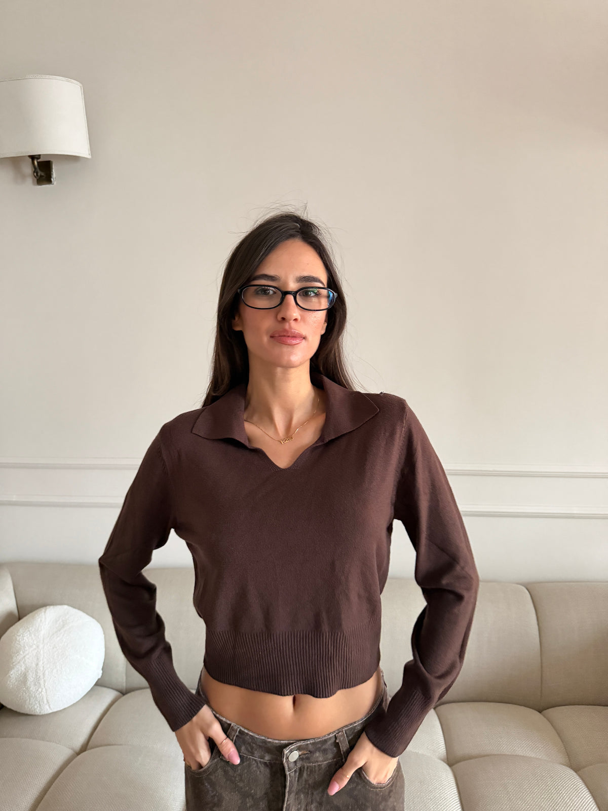 Maglia Crop con Collo a Revers