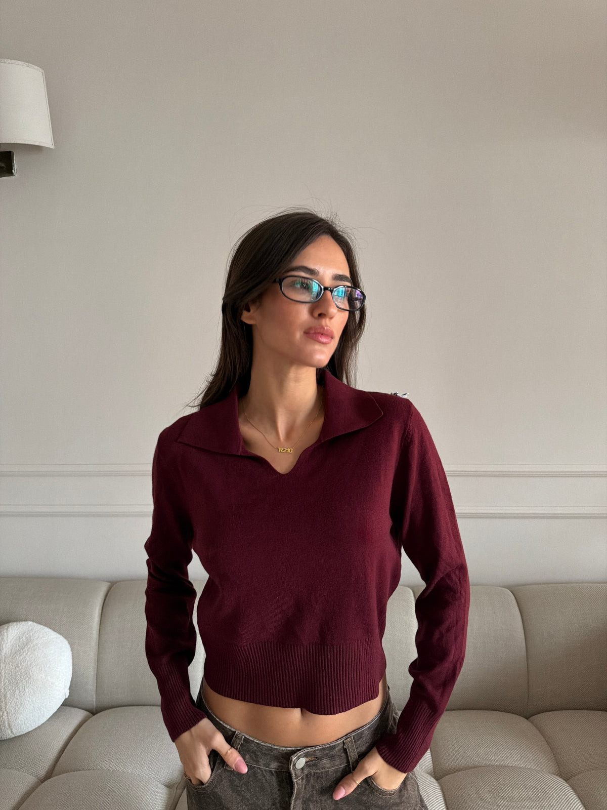Maglia Crop con Collo a Revers