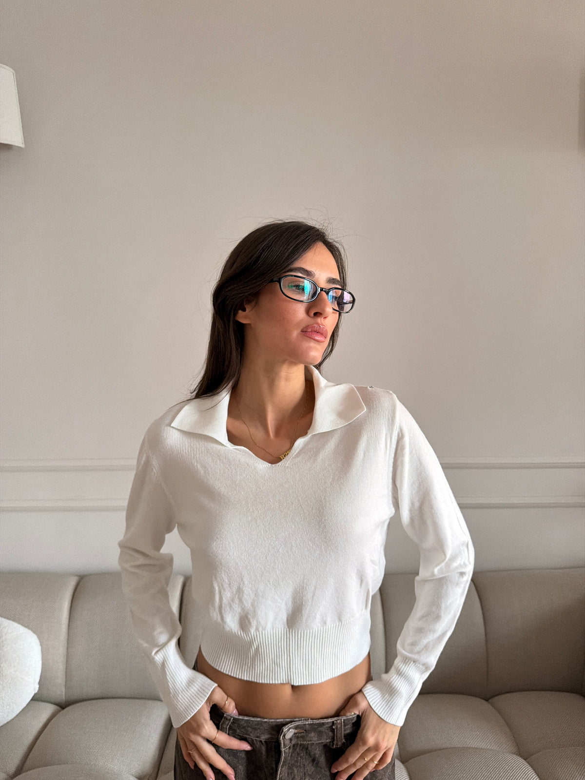 Maglia Crop con Collo a Revers