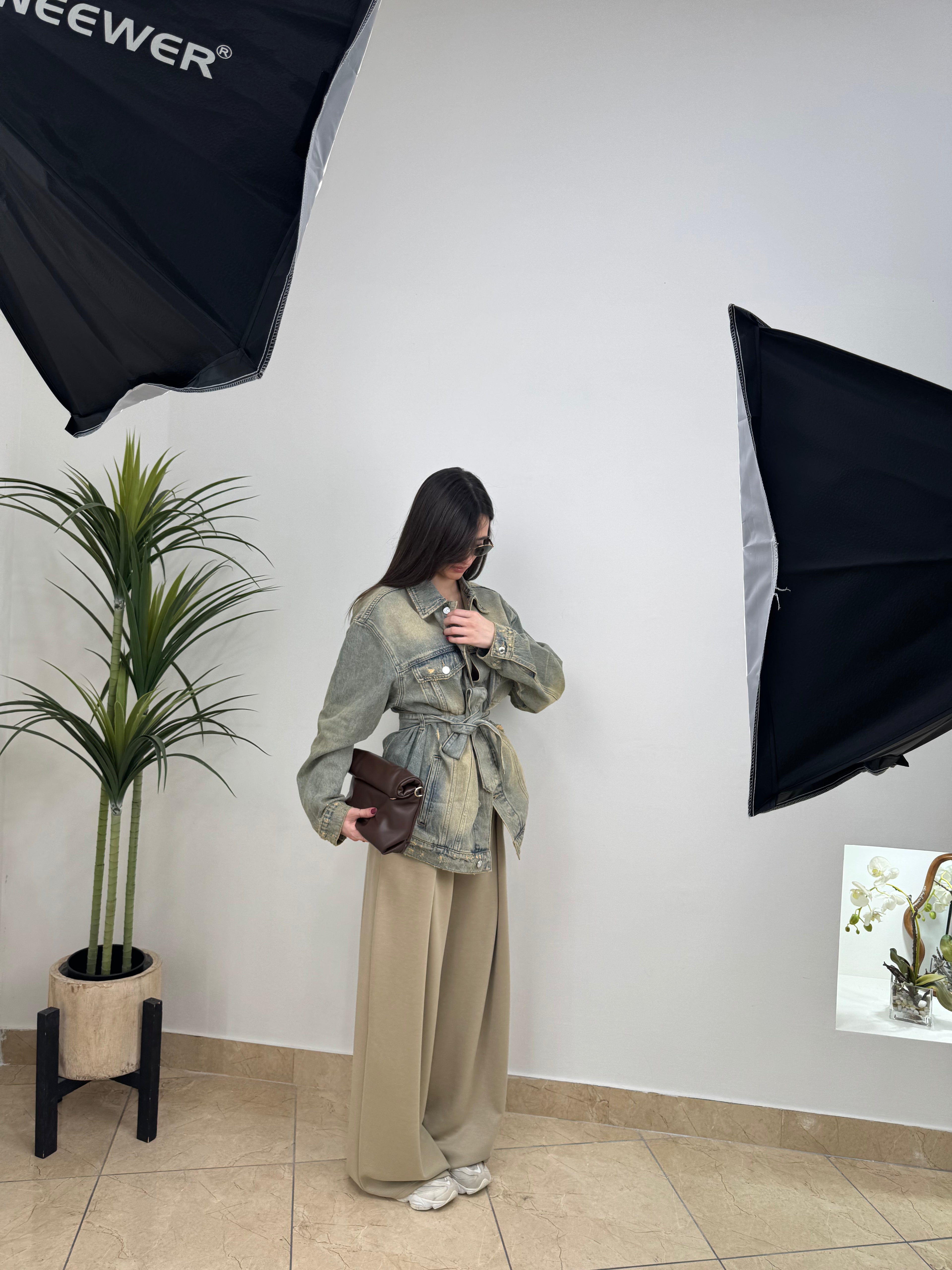 Denim Jacket Lavata con Cintura in Vita