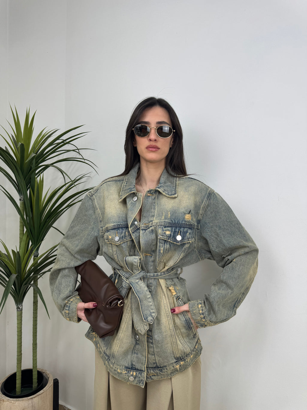 Denim Jacket Lavata con Cintura in Vita