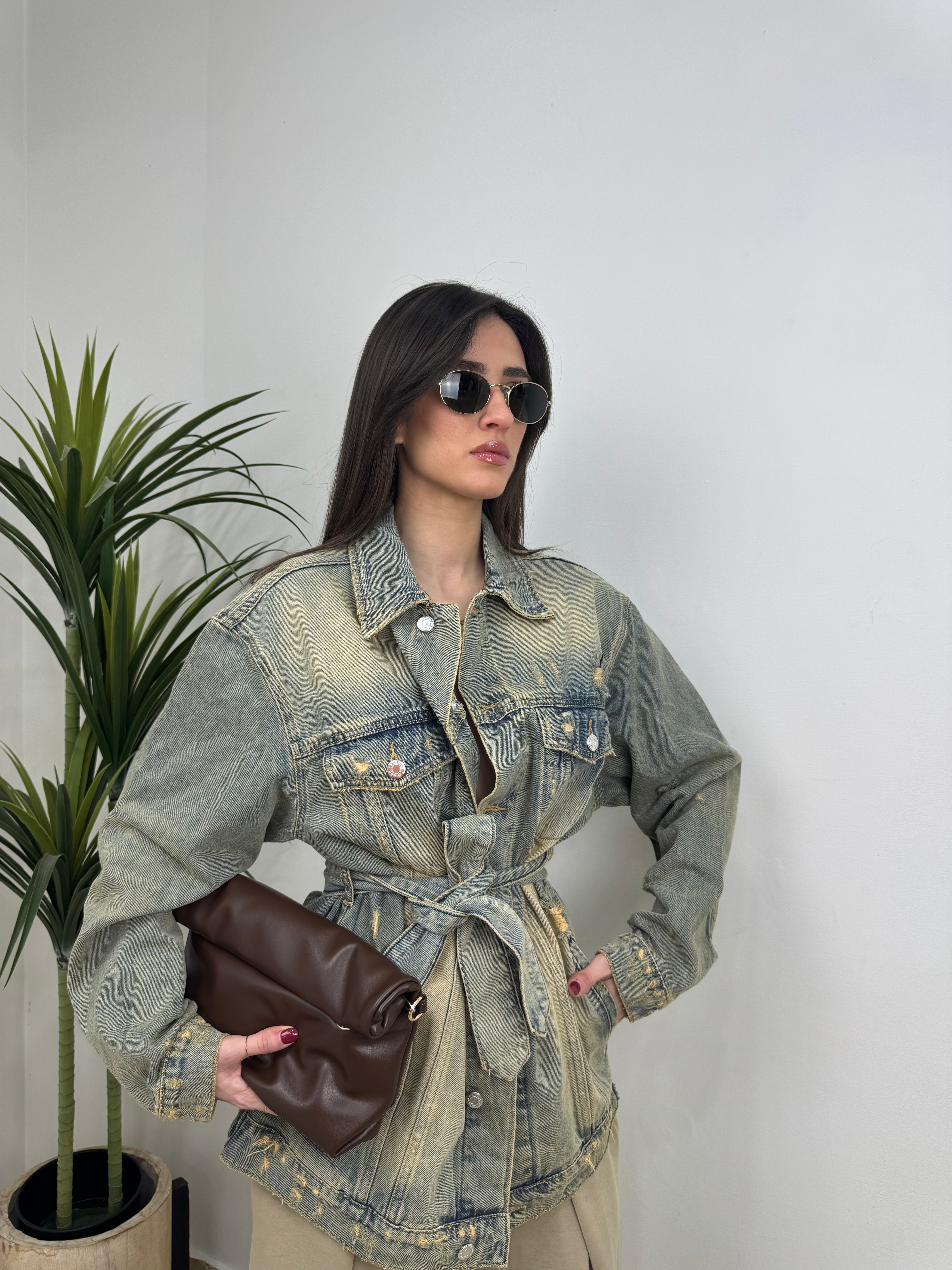Denim Jacket Lavata con Cintura in Vita