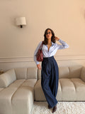 Pantalone Palazzo effetto jeans Blu con Pieghe Frontali