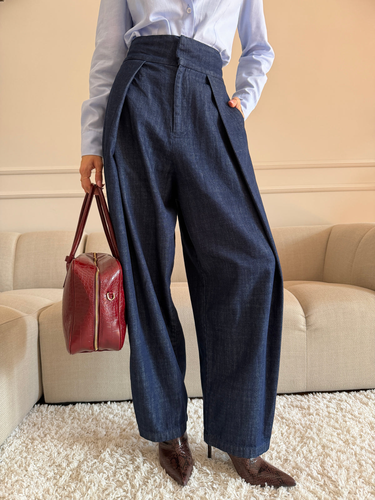 Pantalone Palazzo effetto jeans Blu con Pieghe Frontali