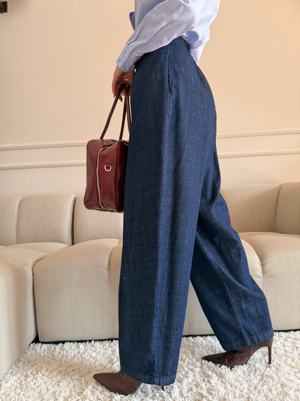 Pantalone Palazzo effetto jeans Blu con Pieghe Frontali